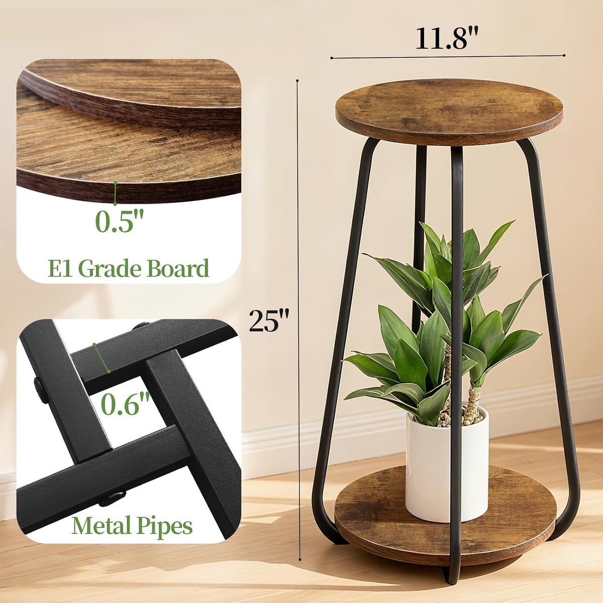 Plant Stand Indoor, 2 Tier Metal Wood Plant Shelf for Living Room, 2 Pack | Round Plant Pedestal Stands Saves Space