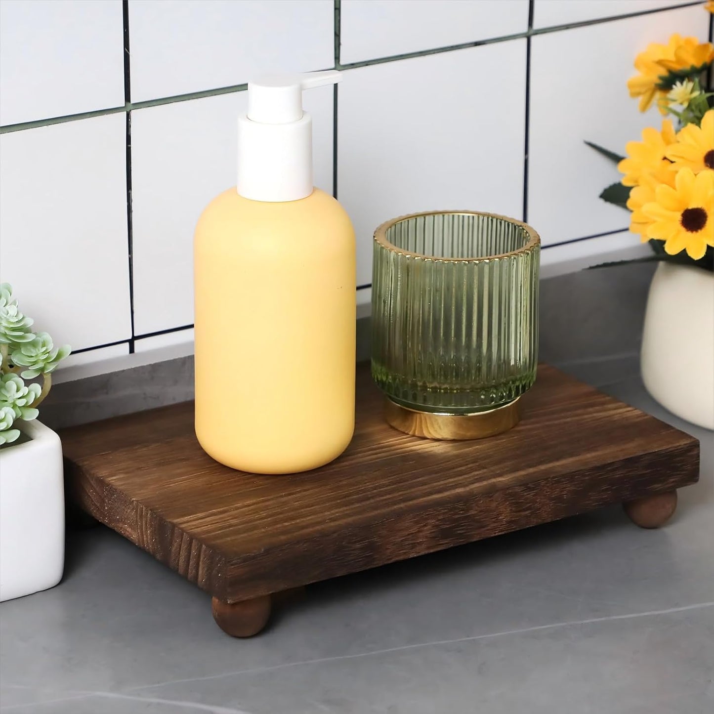 Wood Pedestal Stand Kitchen Soap Tray Farmhouse Wooden Riser Stand / 12 x 7 / Dark Brown