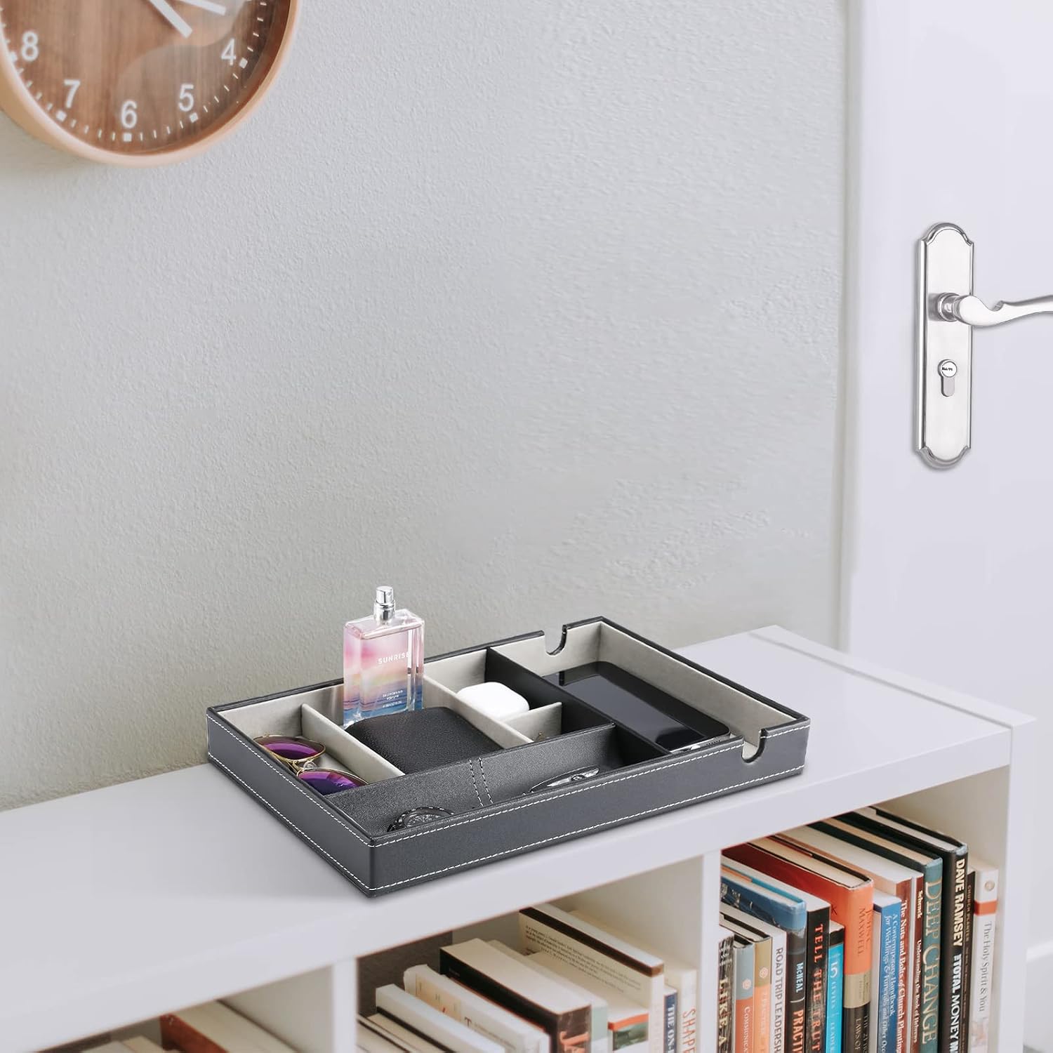 ProCase 1 Layer Valet Tray for Men, PU Leather Nightstand Organizer with Charging Slot for Bedside Table Desk Top -Black