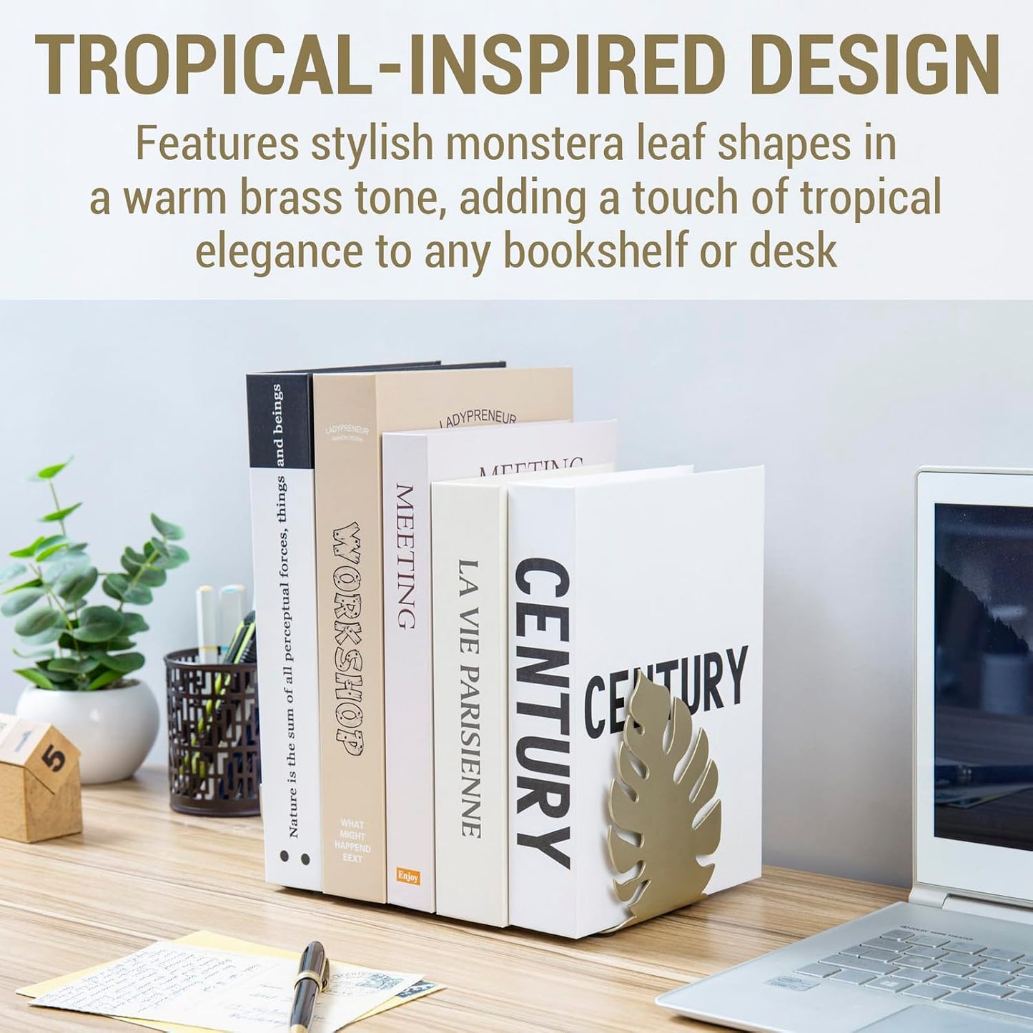 Metal Book Ends / Brass Tone Monstera Leaf Decorative Bookends Set