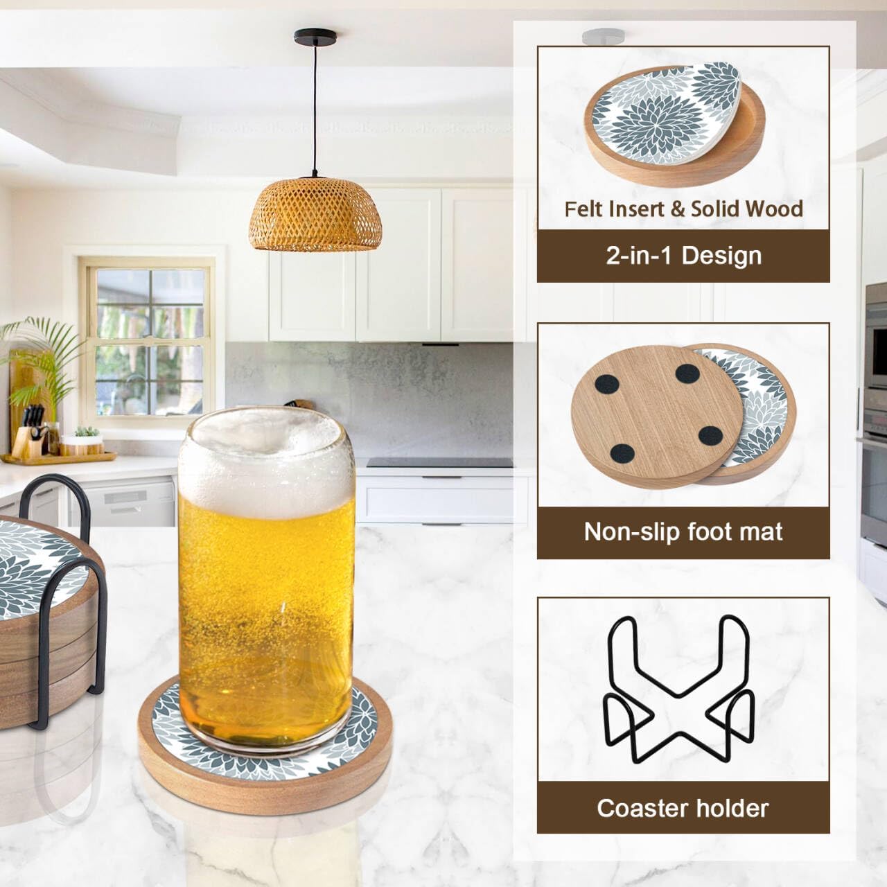 Holder / Cup Mat for Drinks / 4 Grey Dahlia / Set of 4