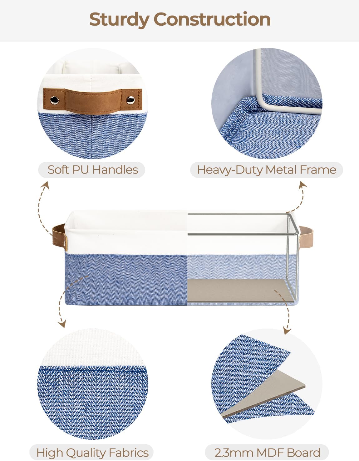 Fabric Organizer / Narrow Storage Bins / Blue and White / 15"L x 6"W x 5"H