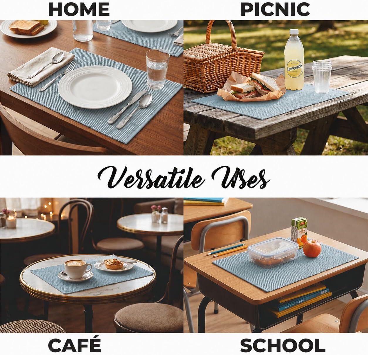 100% Cotton Ribbed Placemats - Set of 8-13 x 19 Inches - Grey - Everyday Cloth Table Mats - Thick Construction