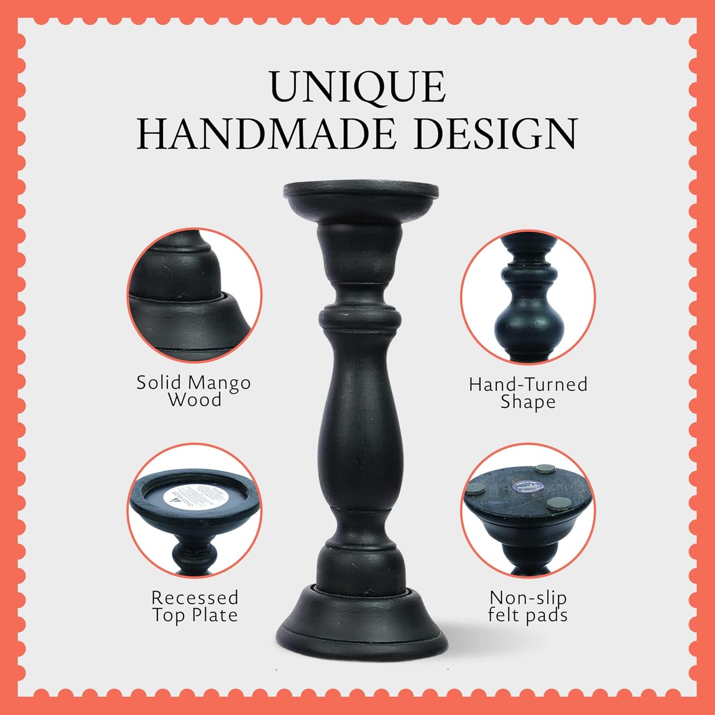 Tuli Mango Wood Candle Holders - Matte Black, Set of 3 | 6", 9" and 12" hand-carved candle holders for table, mantel