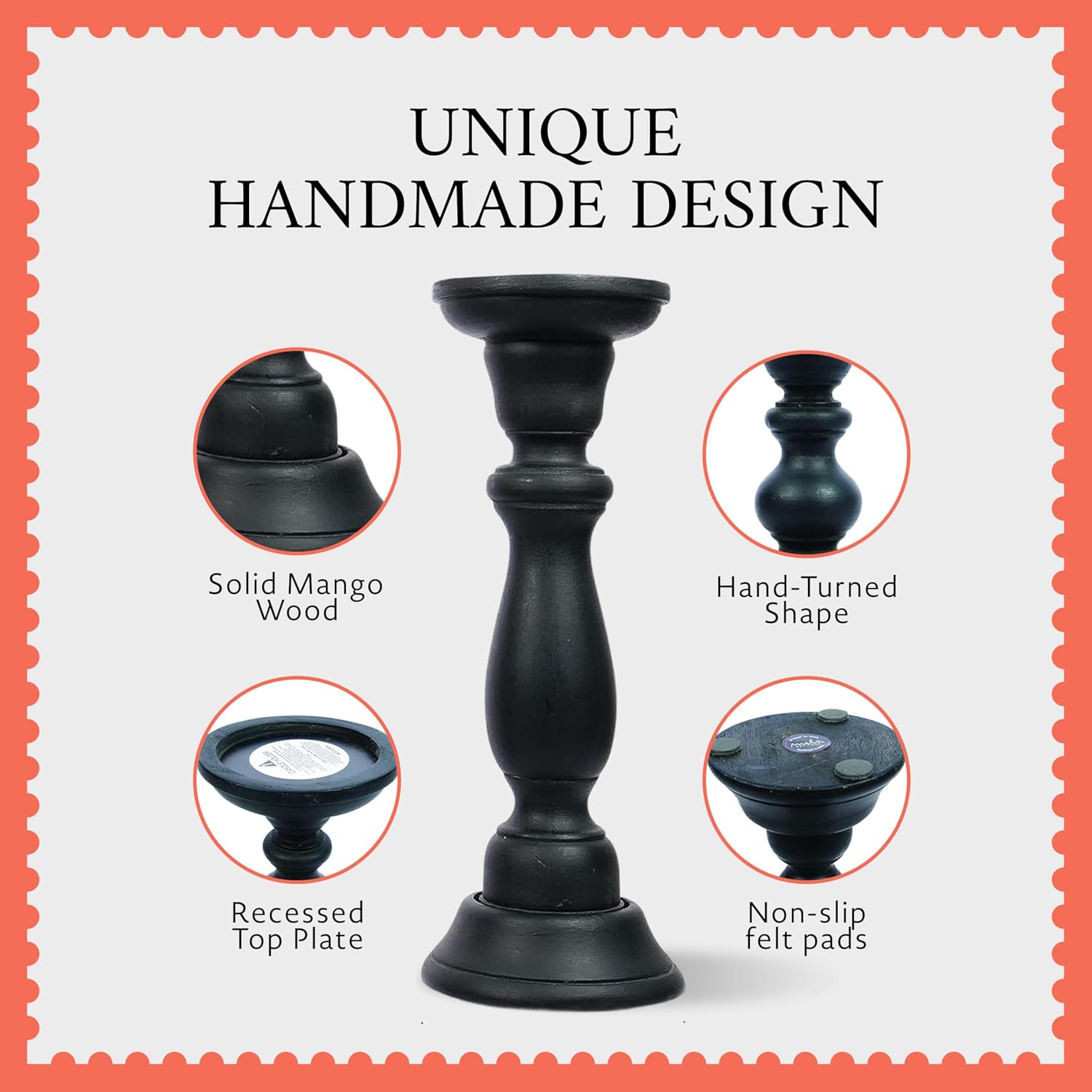 Tuli Mango Wood Candle Holders - Matte Black, Set of 3 | 6", 9" and 12" hand-carved candle holders for table, mantel