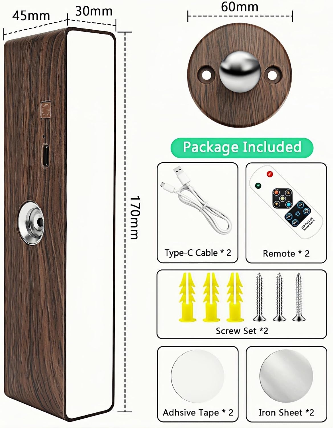 Battery Operated Wall Sconces Set of 2, Wood Rechargeable | Wireless Wall Light with Remote&Button, 360° Rotate