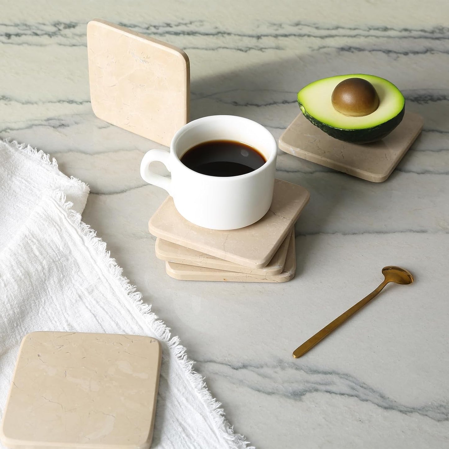 Holder / Natural Marble Coasters / Beige / Set of 6