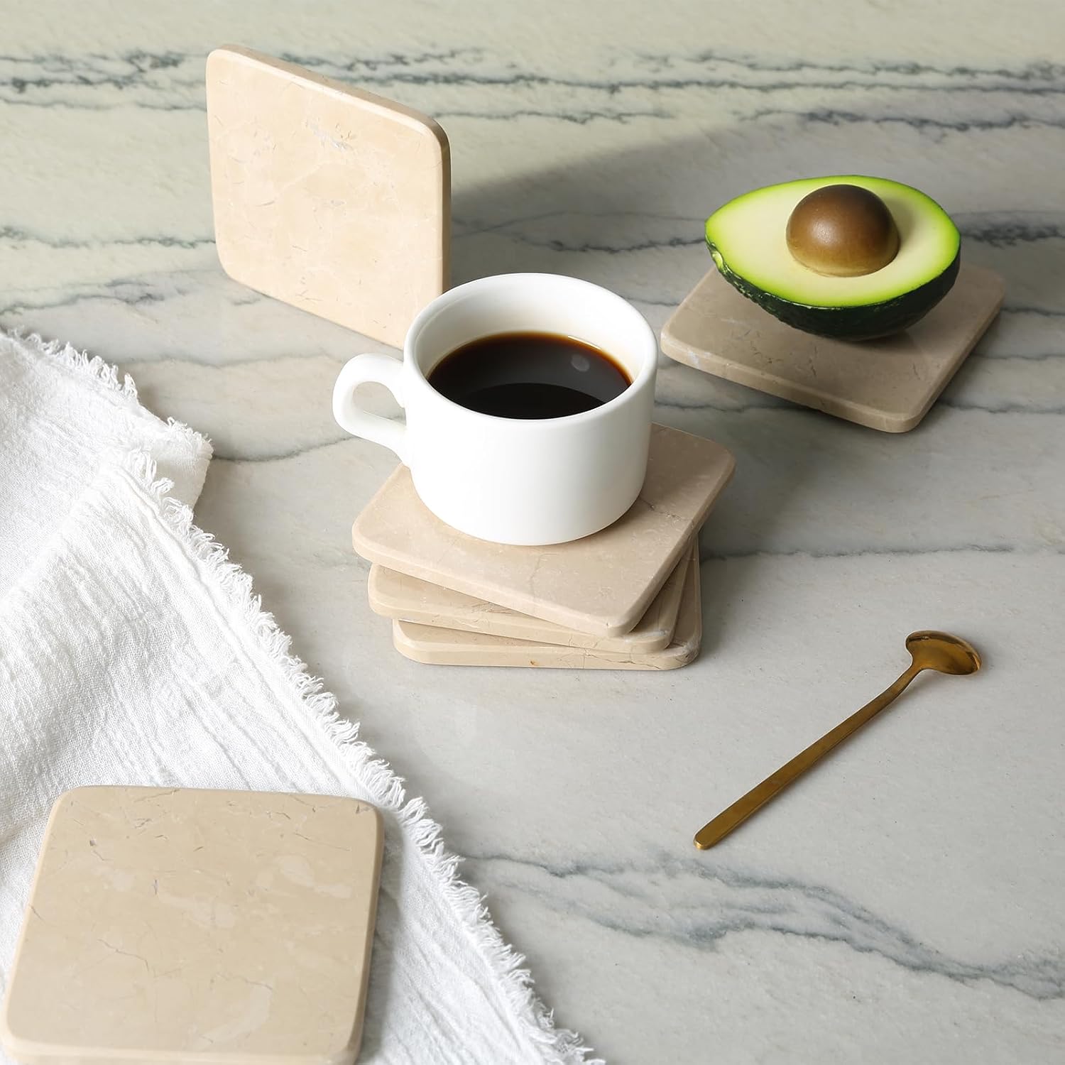Holder / Natural Marble Coasters / Beige / Set of 6