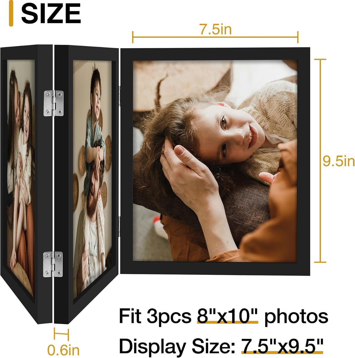 decorUhome Black Triple 8x10 Picture Frame Vertical, MDBK08 | "Z" Shape Folding Design Engineered Wood Trifold Photo