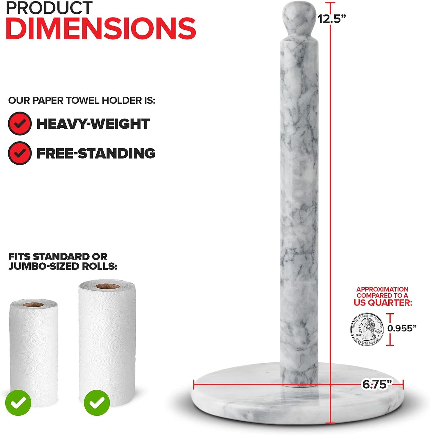 Modern Innovations Marble Paper Towel Holder Countertop Stand in White, for Kitchen and Bathroom, Heavy-Weight