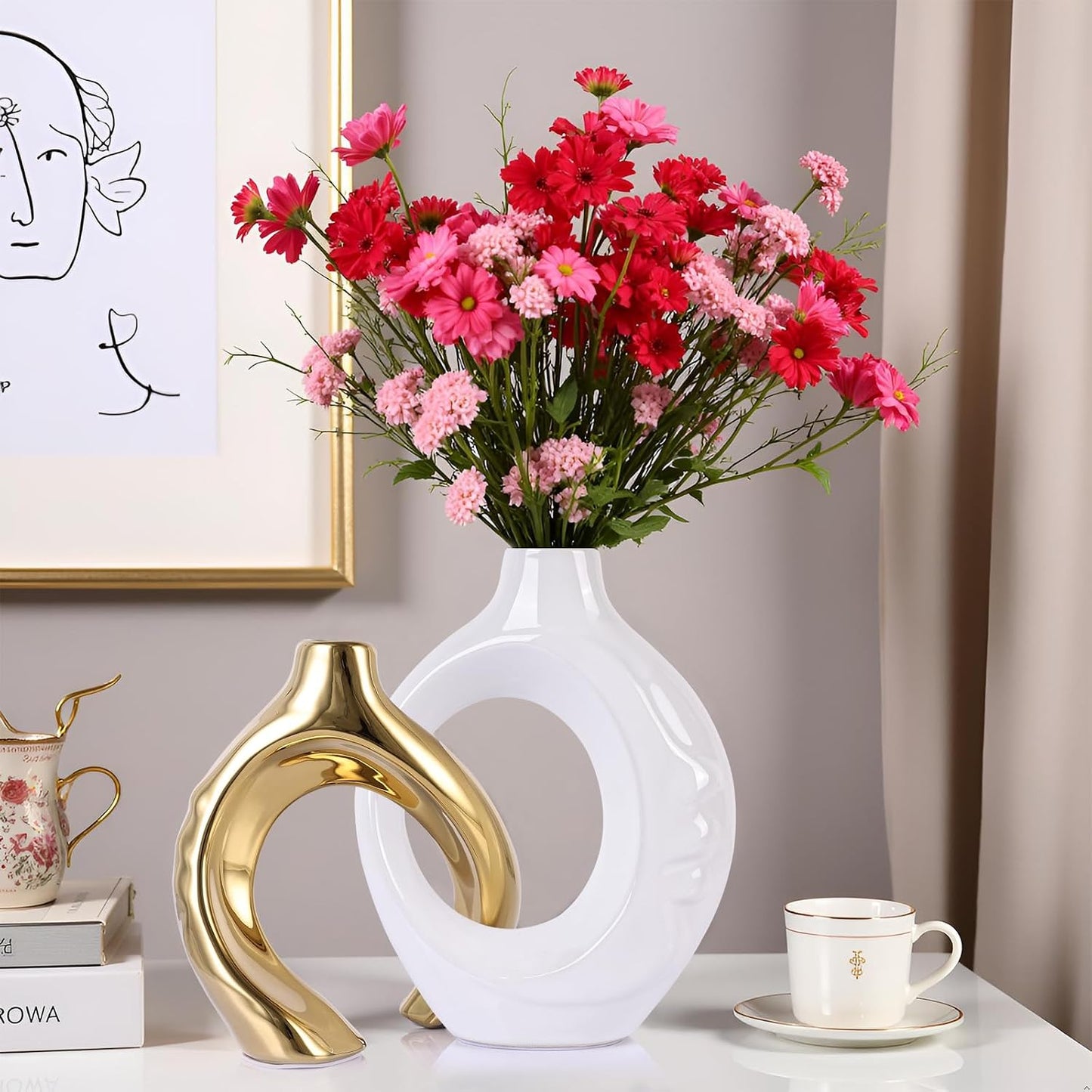 Ceramic Vases / Boho Vase for Flowers Pampas Grass Decorative / White and Gold