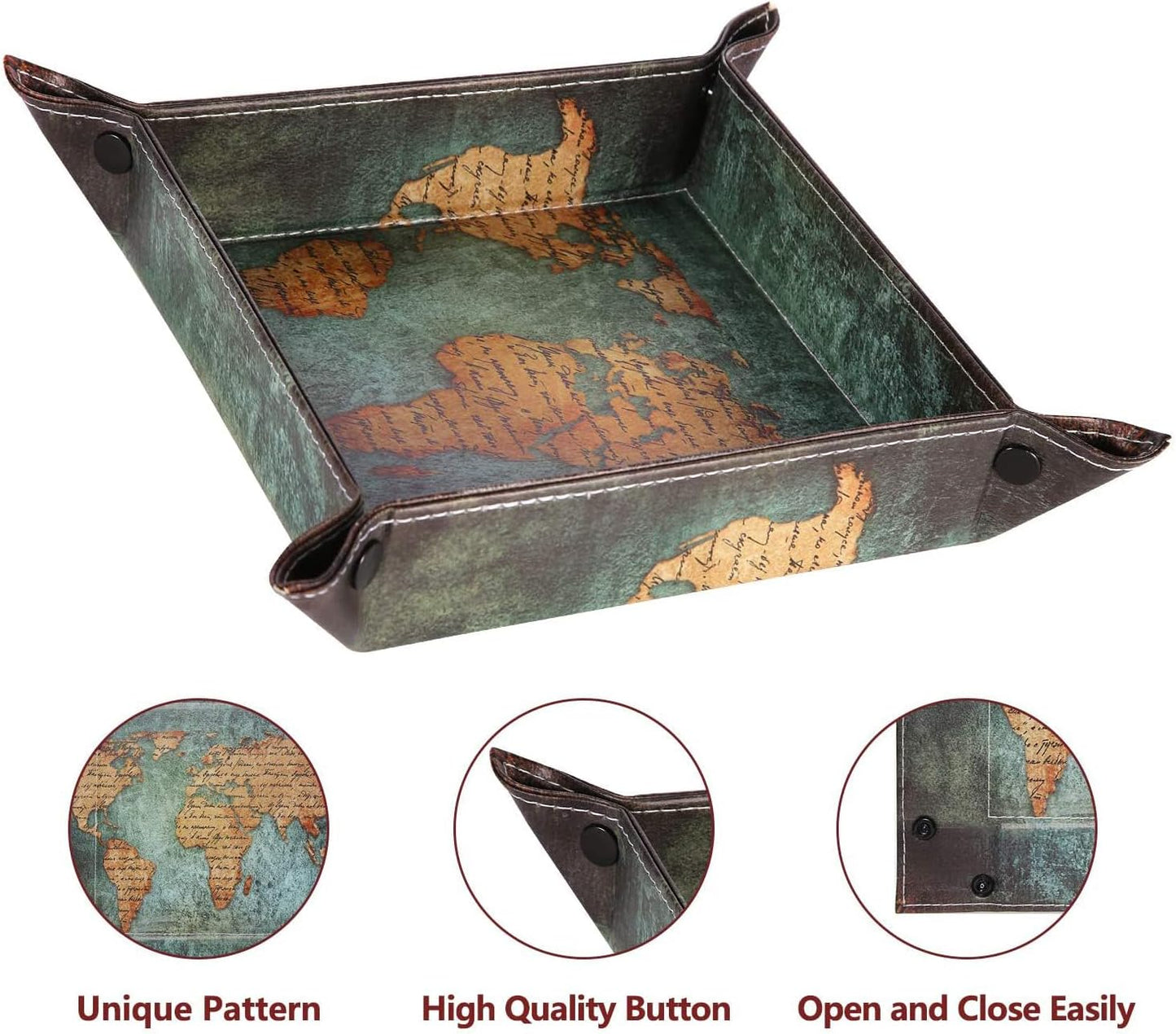 Vegan Leather Catchall Bedside Vanity Tray Nightstand Caddy Holder for Remote / Map Design