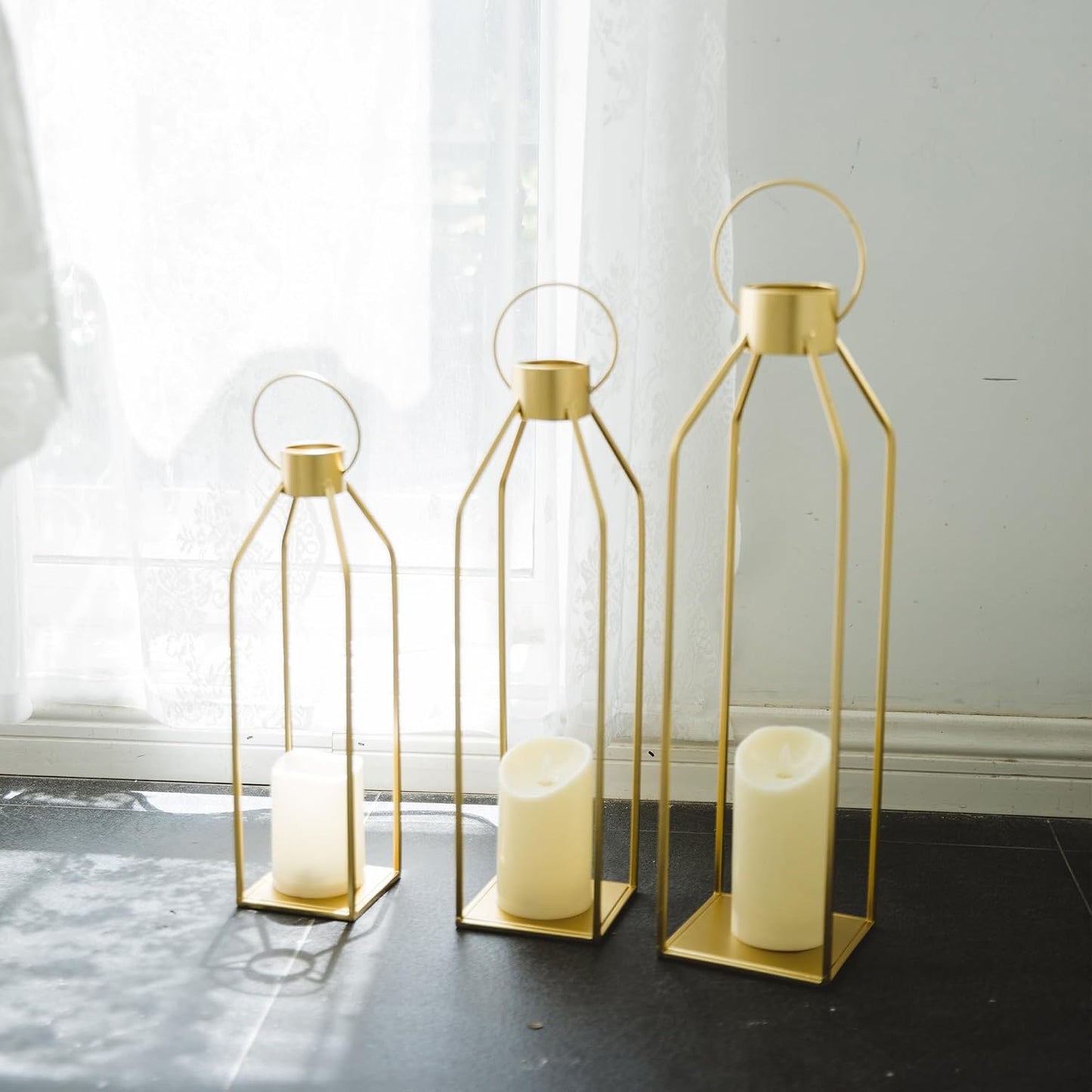 HPC DECOR Modern Farmhouse Lantern Decor- 22''19''16''Tall Large Gold Metal Candle Lanterns for Home Decor-Lanterns