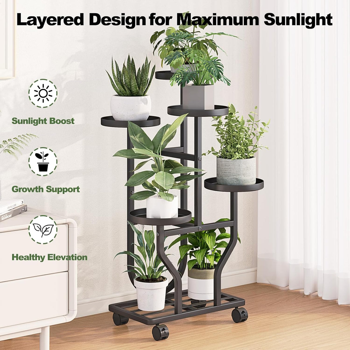 Plant Stand with Wheels, Black 5 Tier Metal Plant Shelf for Indoor Outdoor | Corner Plants Stand Indoor for Bedroom
