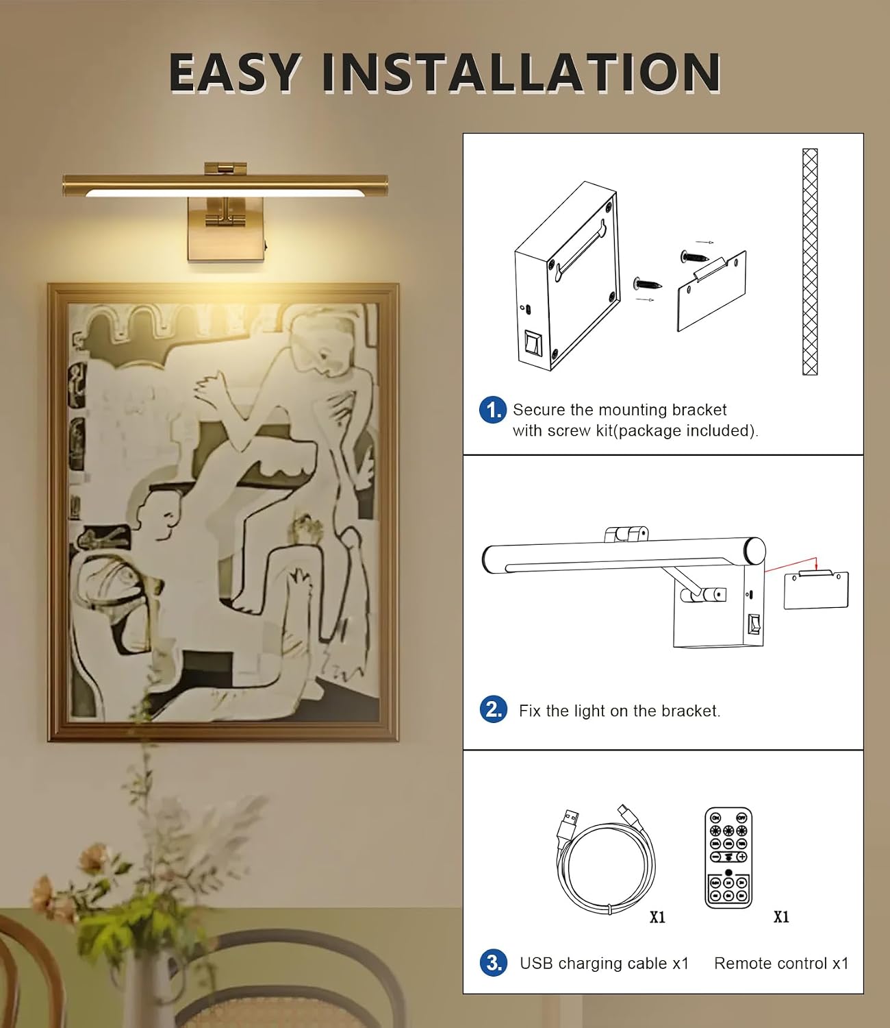 Joosenhouse Battery Operated Picture Lights for Wall Rechargeable Art Lighting for Paintings Wireless Gallery Light
