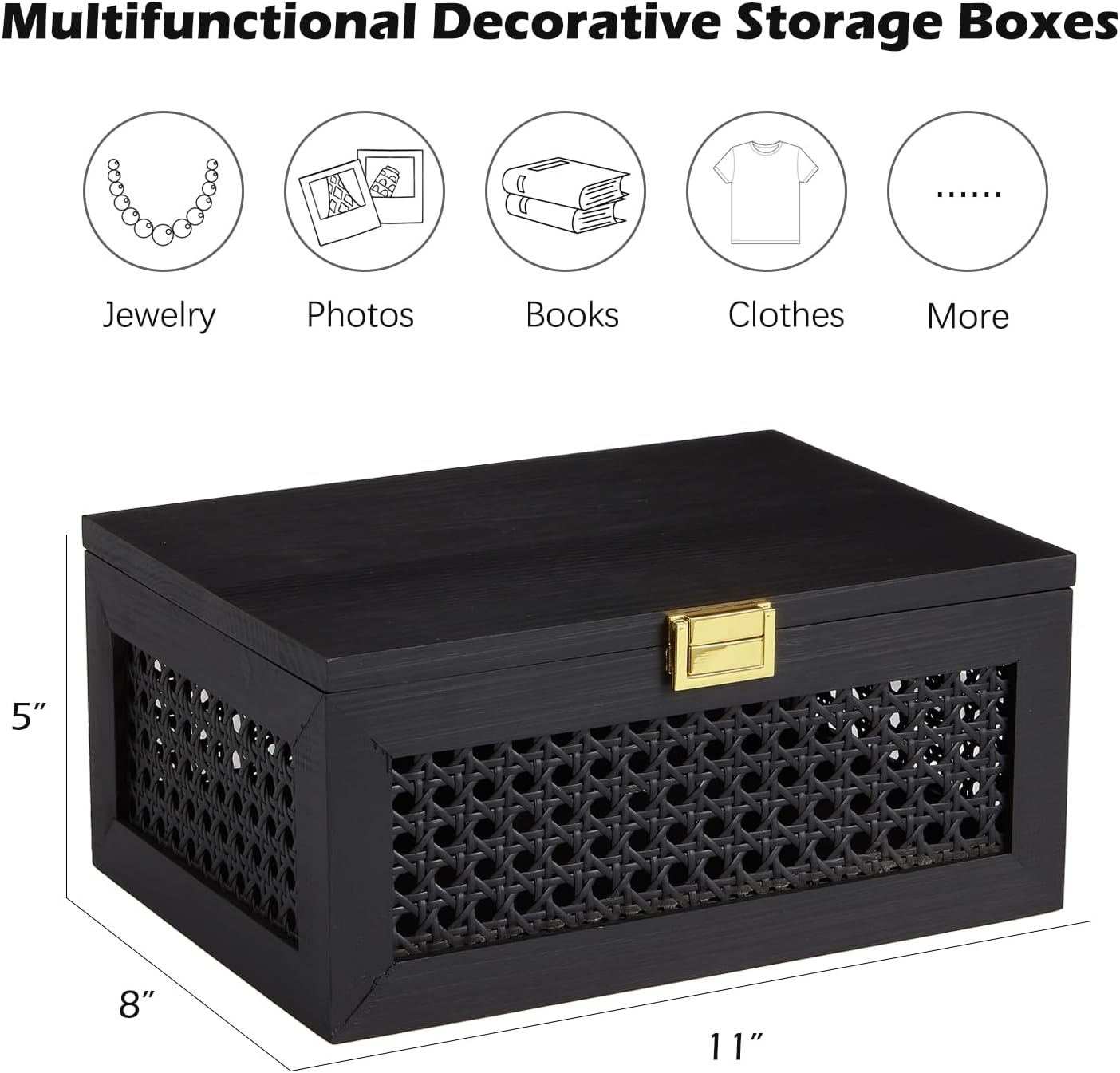 Decorative Rattan Storage Boxes Solid Wood Woven Baskets Bins / Black
