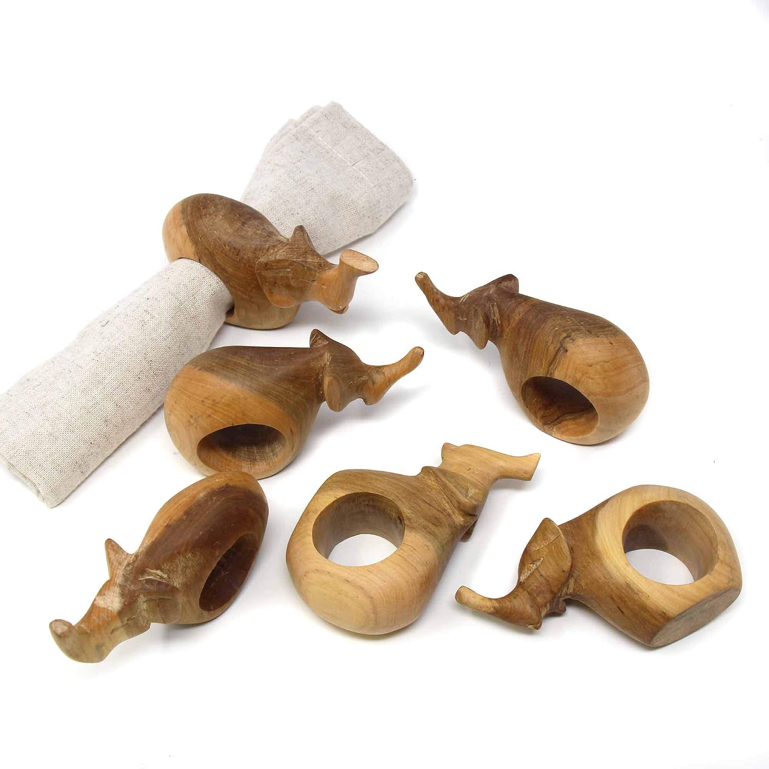 Handcarved Mahogany Wooden Napkin Ring Holders / Elephant / Set of 6