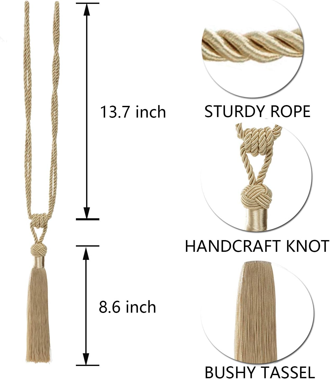 BEL AVENIR 4 Pack Curtain Tiebacks Hand-Woven Tassels Holdbacks | Light Beige, Elegant, Home Decorative Tassels Ties