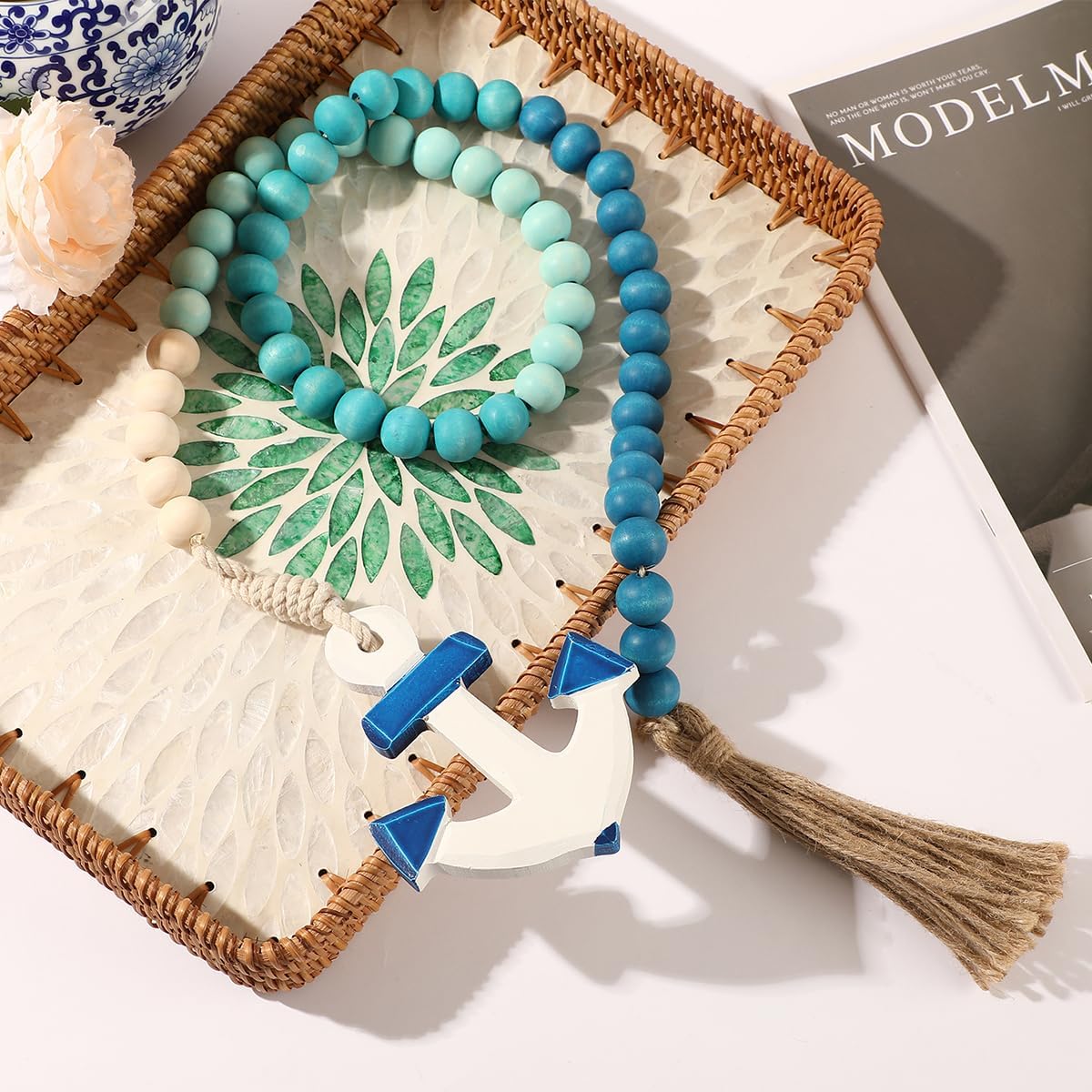 Ship Anchor Wood Bead Garland / Blue