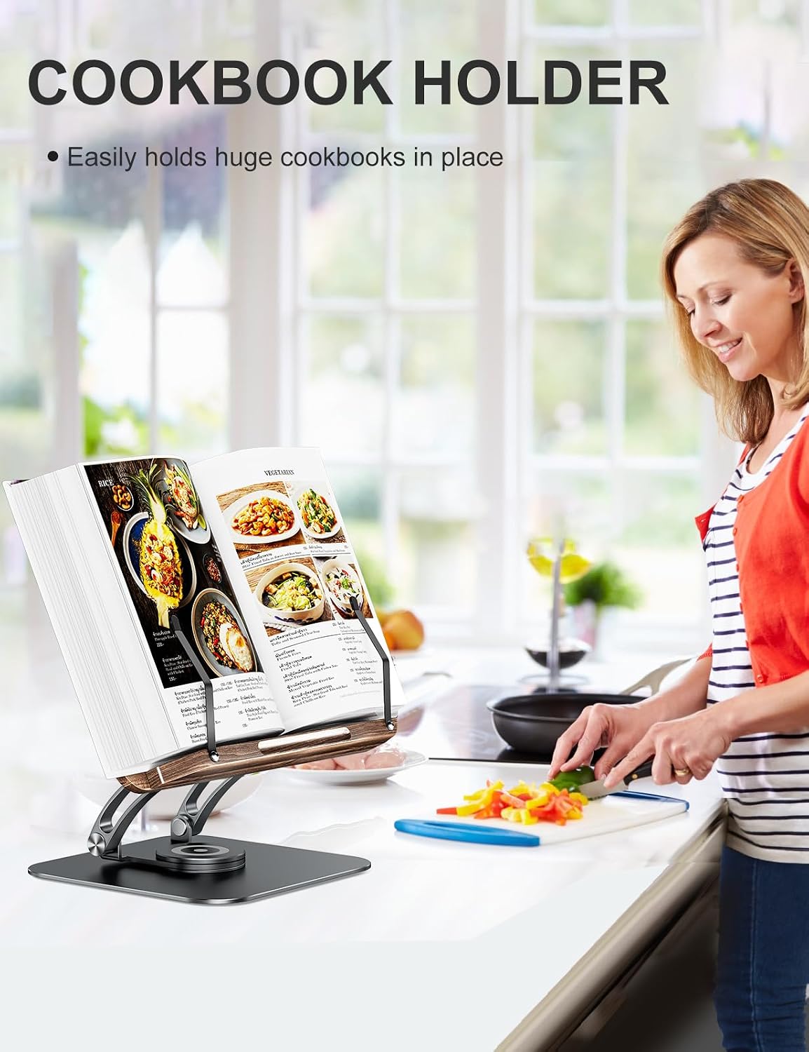 Tounee Book Stand for Reading, Adjustable Book Holder with 360° Swivel Base, Foldable Cookbook Stand Recipe Book Holder