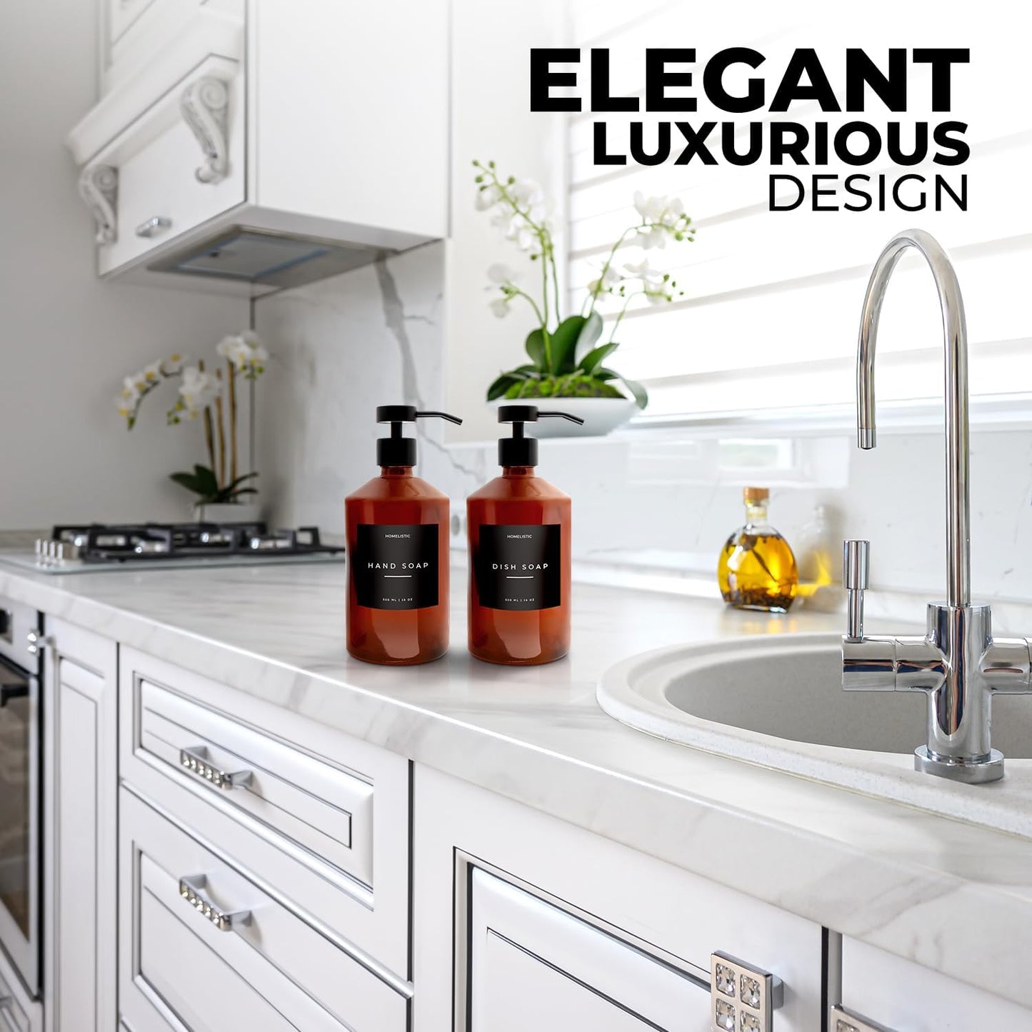 Luxury Glass Soap Dispenser Set of 2 - Elegant Amber Bottles with Matte Black Pumps, Ideal for Kitchen and Bathrooms