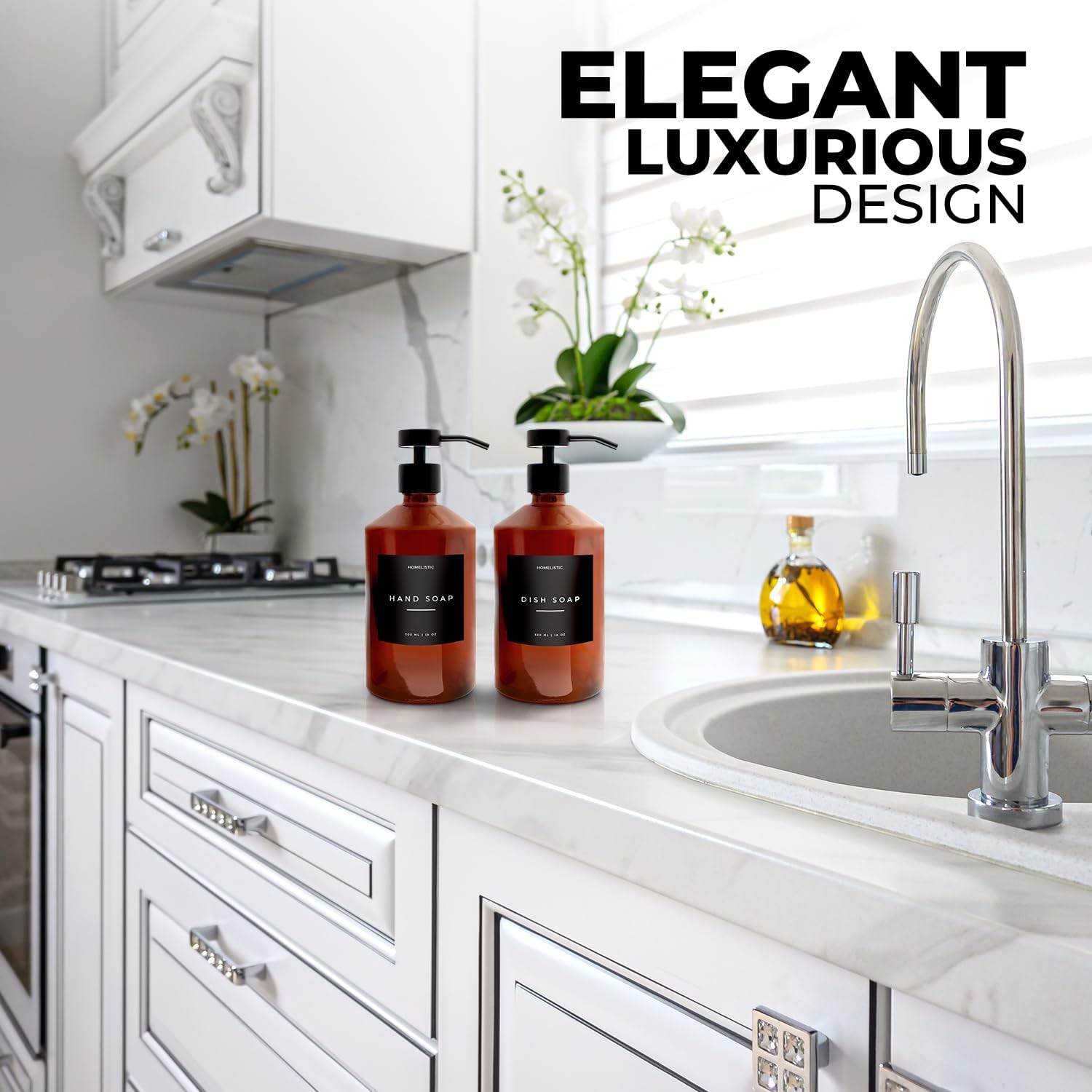 Luxury Glass Soap Dispenser Set of 2 - Elegant Amber Bottles with Matte Black Pumps, Ideal for Kitchen and Bathrooms