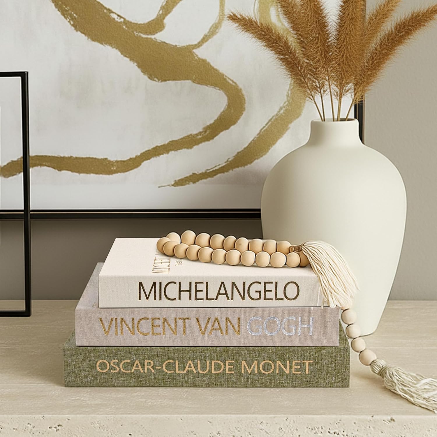 Linen Fake Books for Decoration / Green W. Wooden Beaded / Set of 3