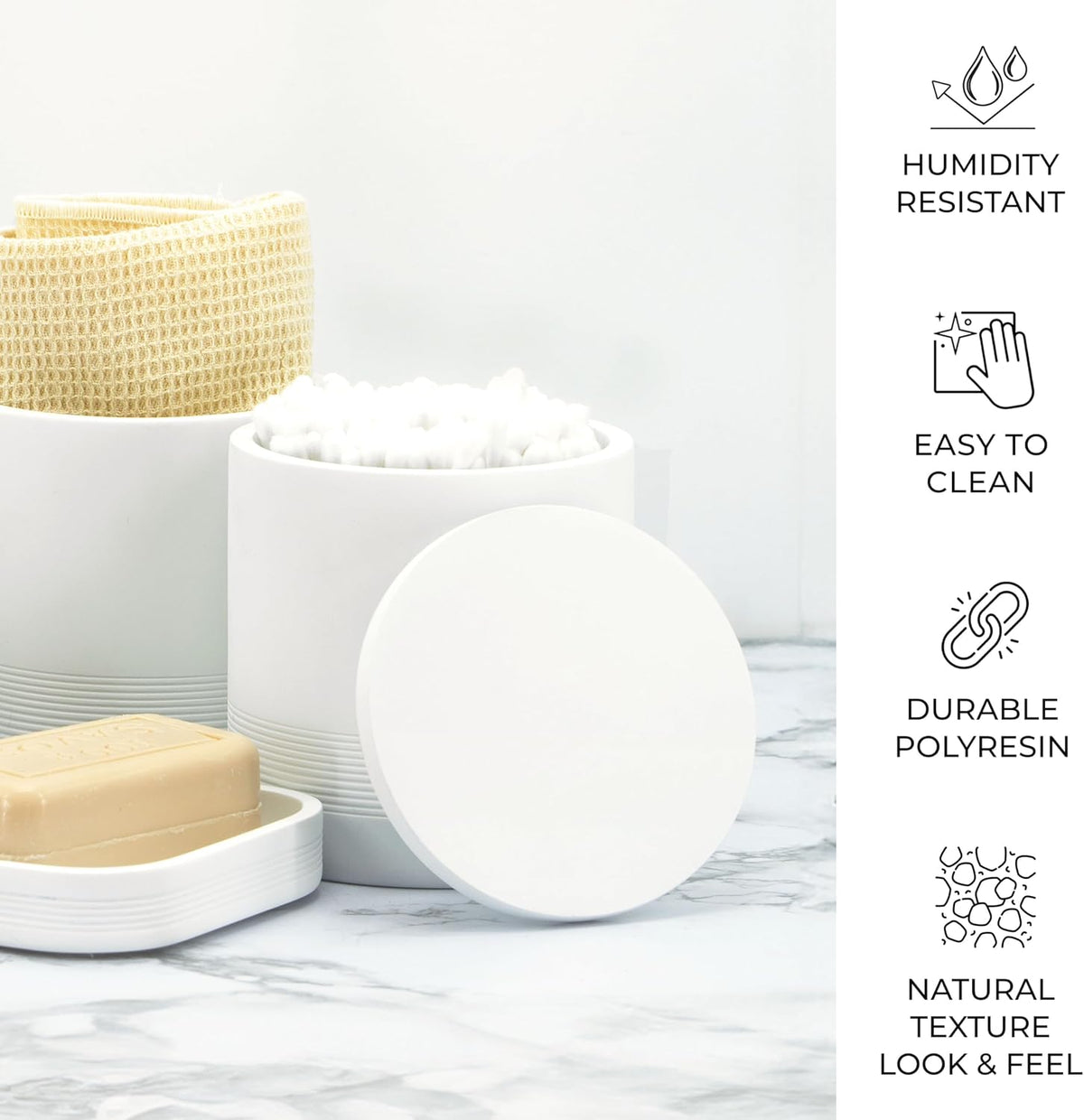 White Bathroom Accessories Set 6 Pieces - Toothbrush Holder, Lotion Dispenser, Qtip Container, Vanity Tray, Tumbler