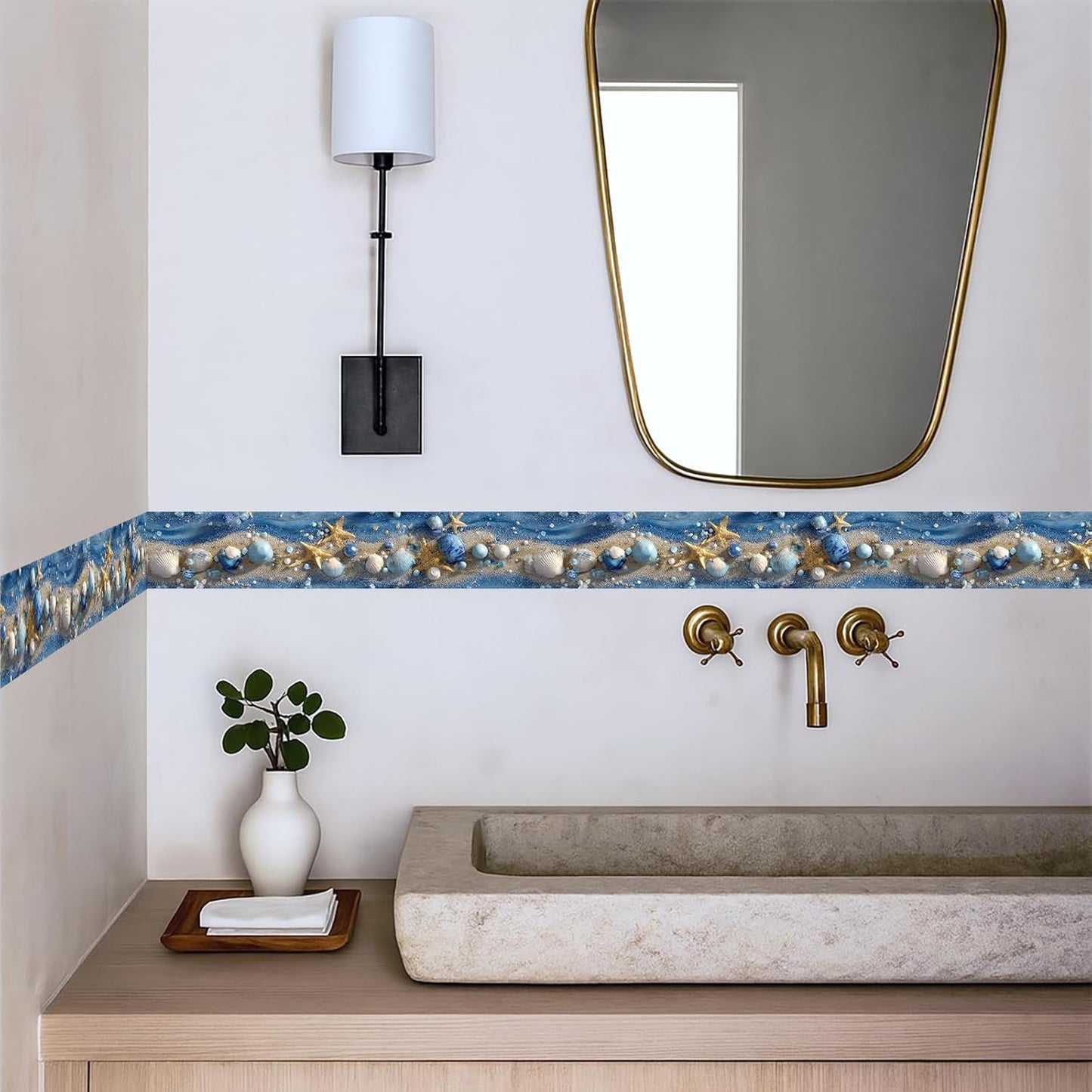 Wall Border Peel and Stick Coastal Beach Seashell Self Adhesive / Ocean Starfish / Blue / 196 x 4