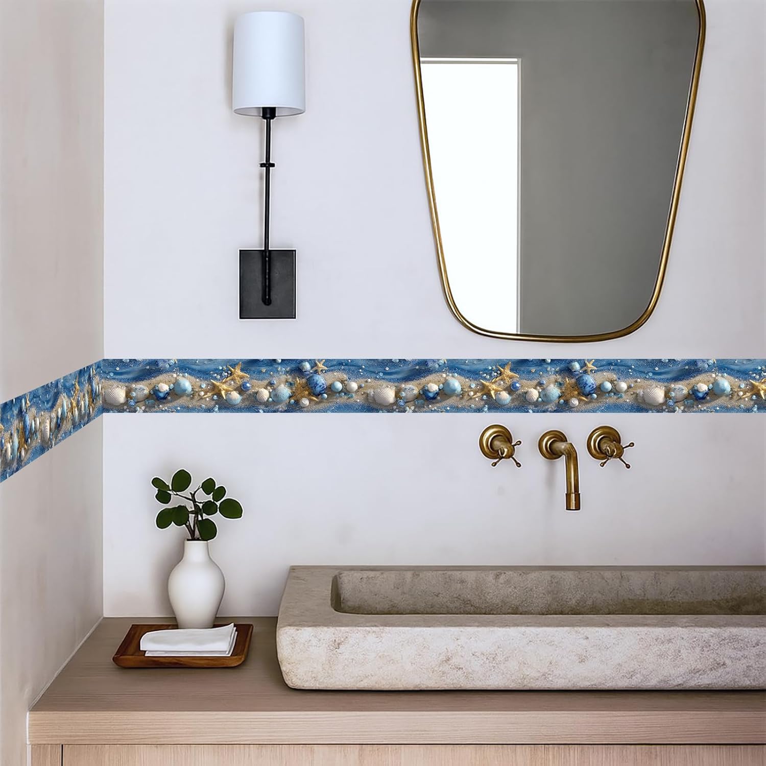 Wall Border Peel and Stick Coastal Beach Seashell Self Adhesive / Ocean Starfish / Blue / 196 x 4
