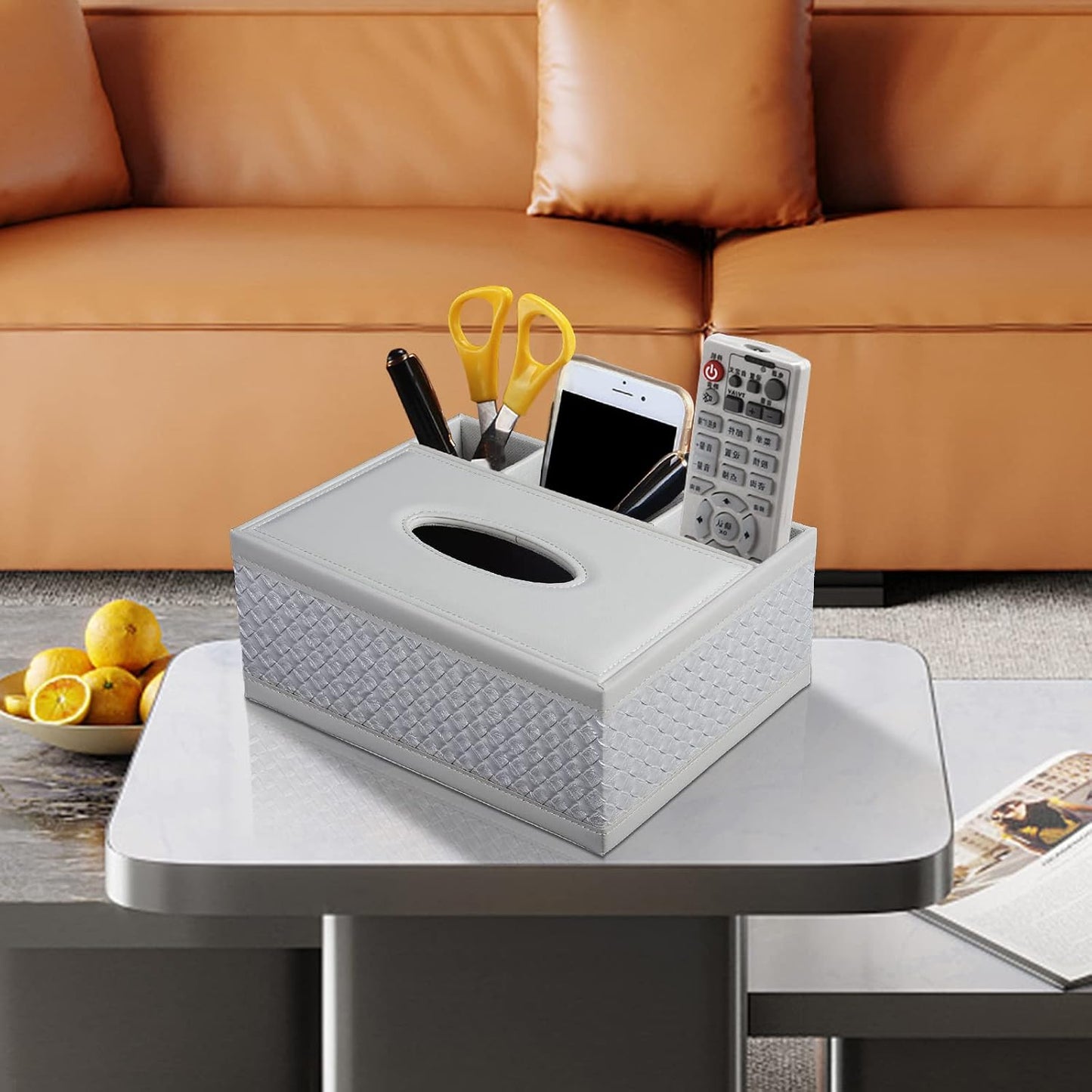 Tissue Box Cover Rectangle White Kleenex Box Holder PU Leather Facial Tissue Organizer,Multifunctional Remote Control