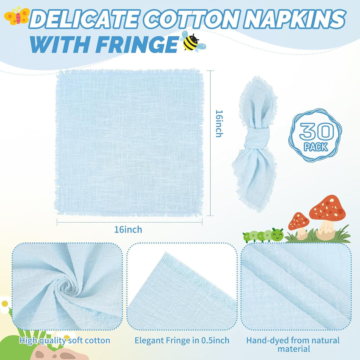 Showgeous 30 Pack Light Blue Cloth Napkins with Fringe, 16x16 inch | 100% Cotton Blue Napkins Handmade Dinner Napkins