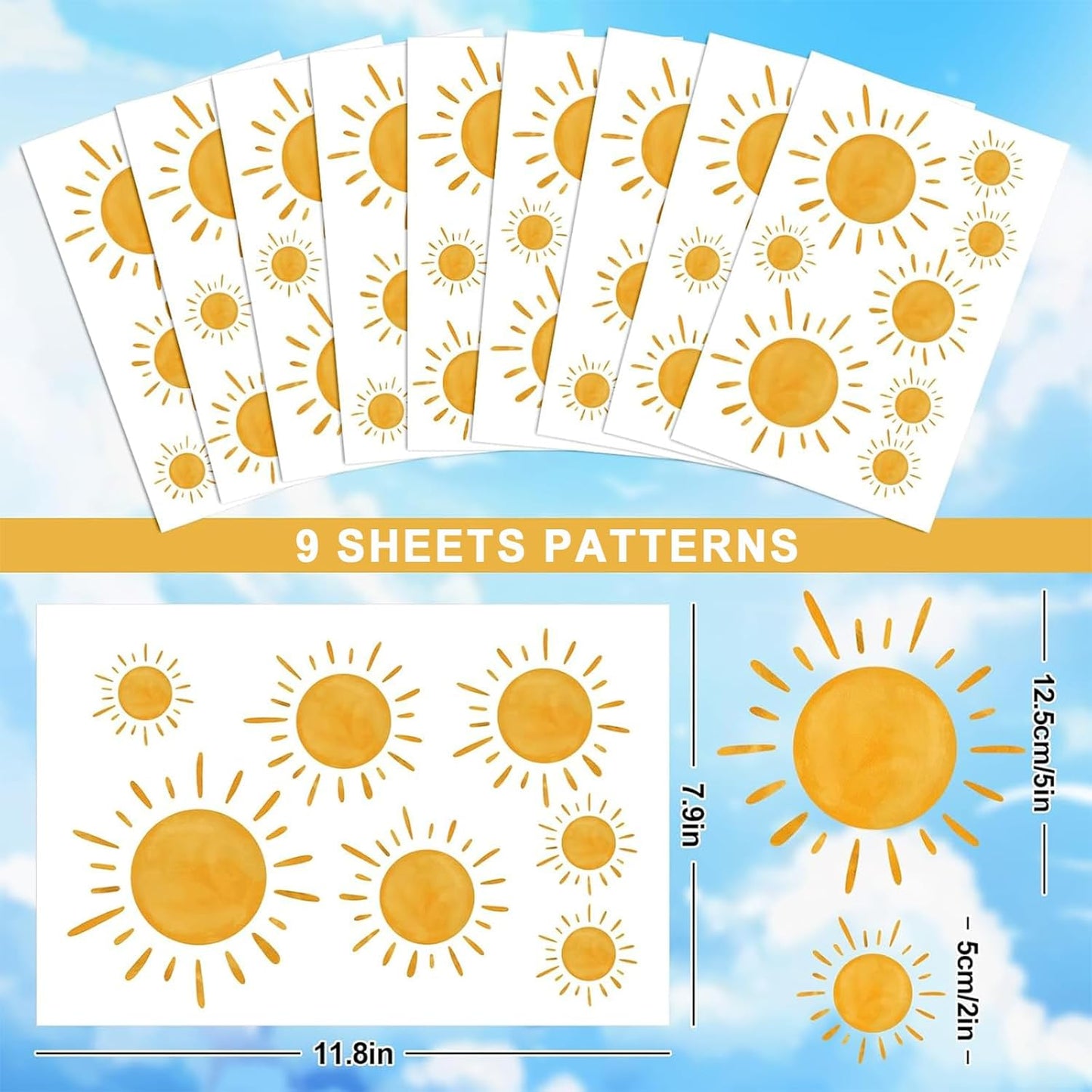 9 Sheet Boho Sun Wall Stickers Watercolor Sun Decals Sunshine Removable Self-Adhesive Wall / Yellow