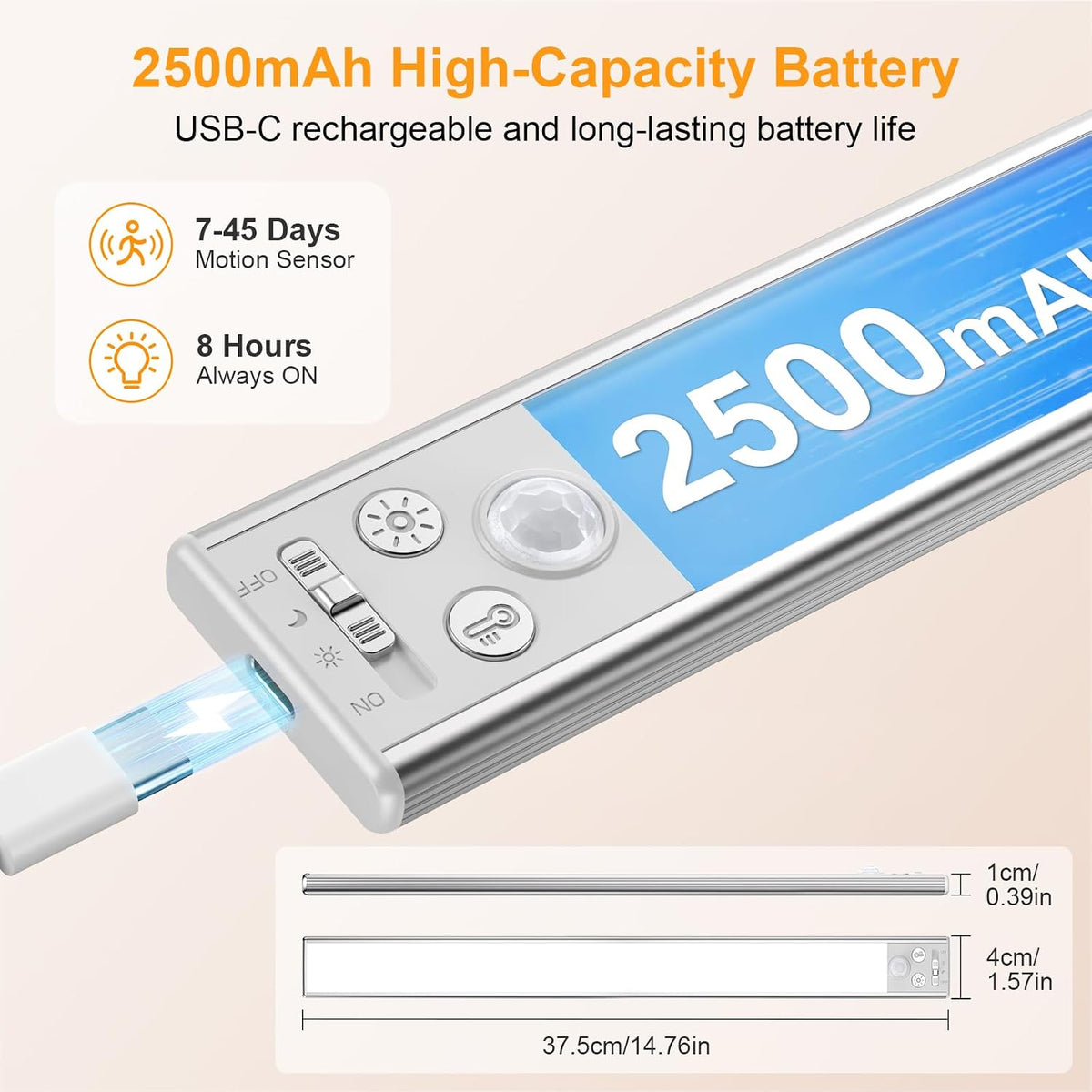 Gritin 14.7inch Under Cabinet Lighting Rechargeable 2 Pack | 3 Color Temps & 5 Brightness,Super Bright,4 Modes,Motion