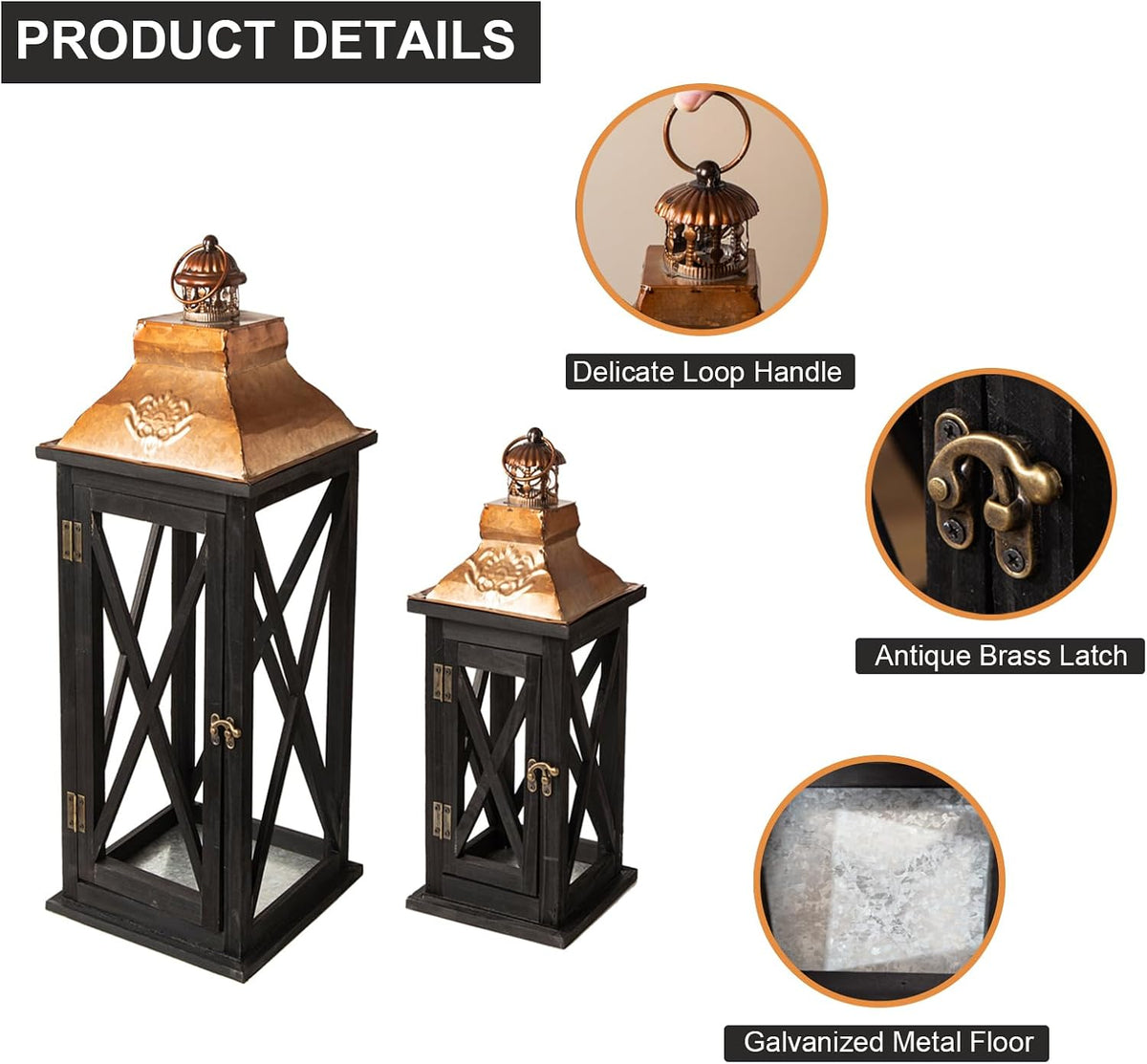 Large Farmhouse Wooden Lanterns with Metal Top, Decorative Floor Lanterns Set of 2, Black Frame with Rustic Gold