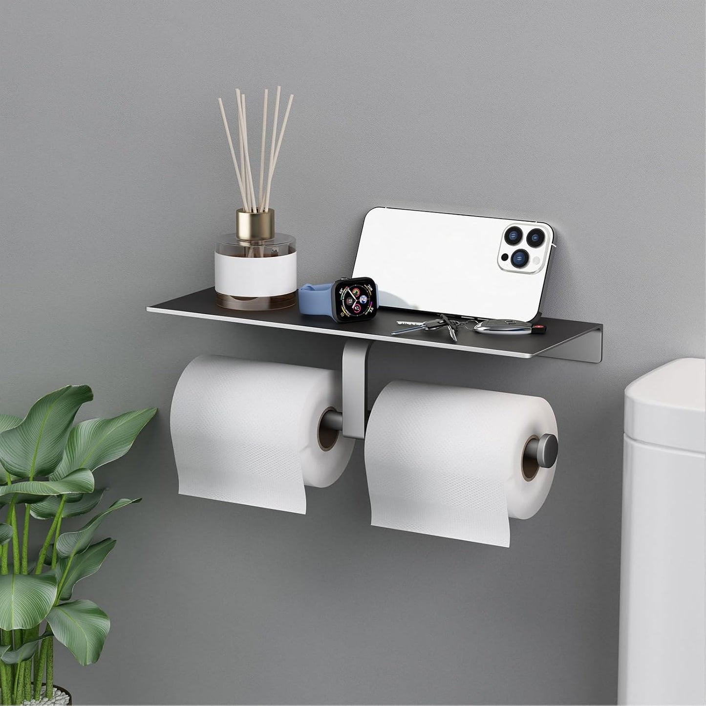 Grey Toilet Paper Holder with Shelf, Double Roll Commercial Toilet Paper Dispenser