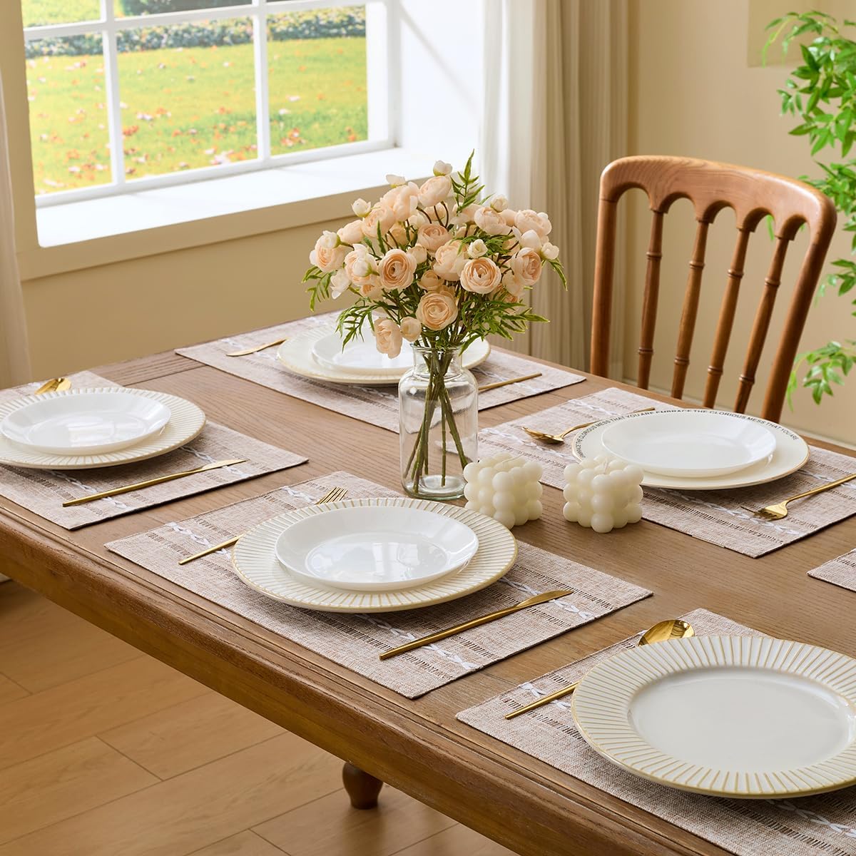 Wracra Cotton Linen Place Mats, Brown Embroidered Placemats Set of 6 | Placemats 12 x 18 Inch; Cotton Linen Woven