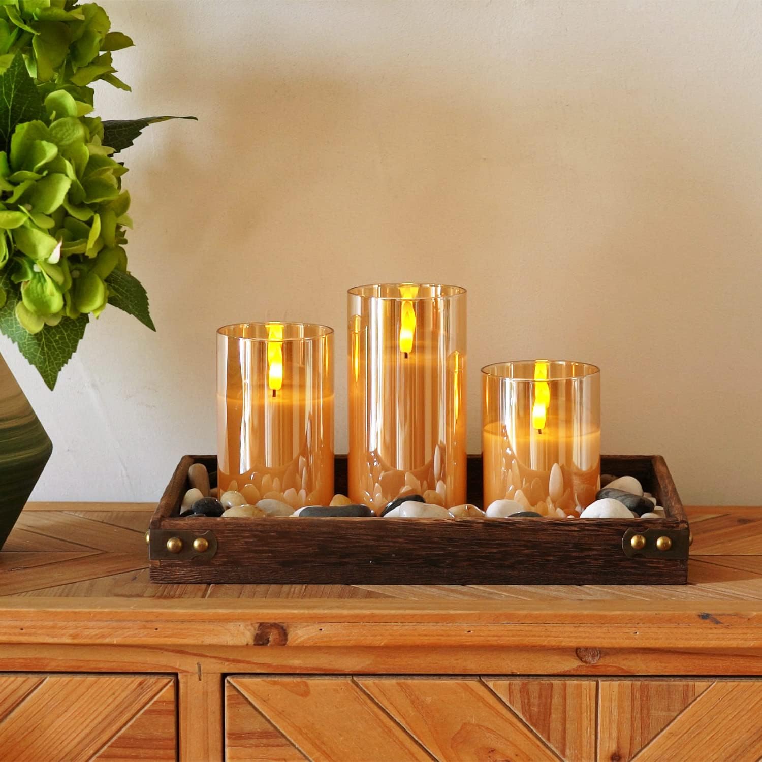 Homemory Amber Glass Flameless Candles, Real Wax, Remote Timer, 3 Pack | D3"xH4"5"6", battery operated flickering LED