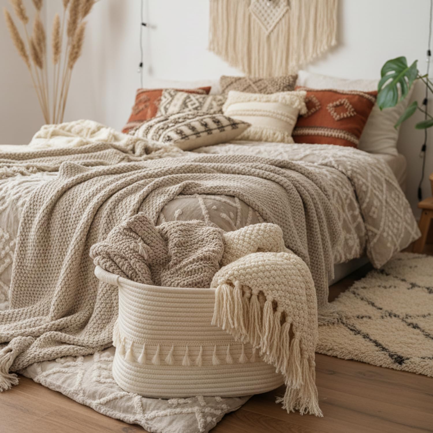 Woven Clothes Basket for Organizing and Storage / White / Set of 3