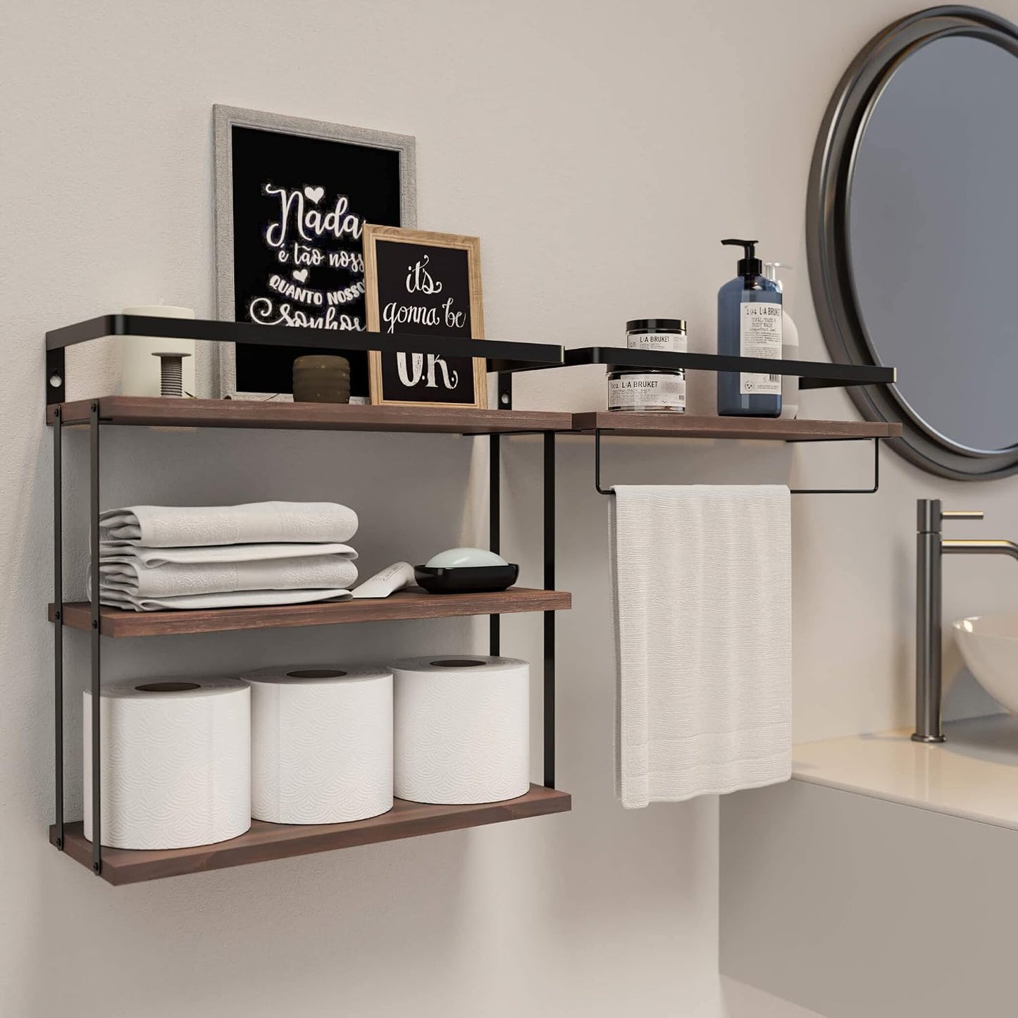 RICHER HOUSE Floating Shelves Bathroom, Wall Mounted Shelf Over Toilet | 3+1 Tier, with Metal Rail, Towel Rack, Paper