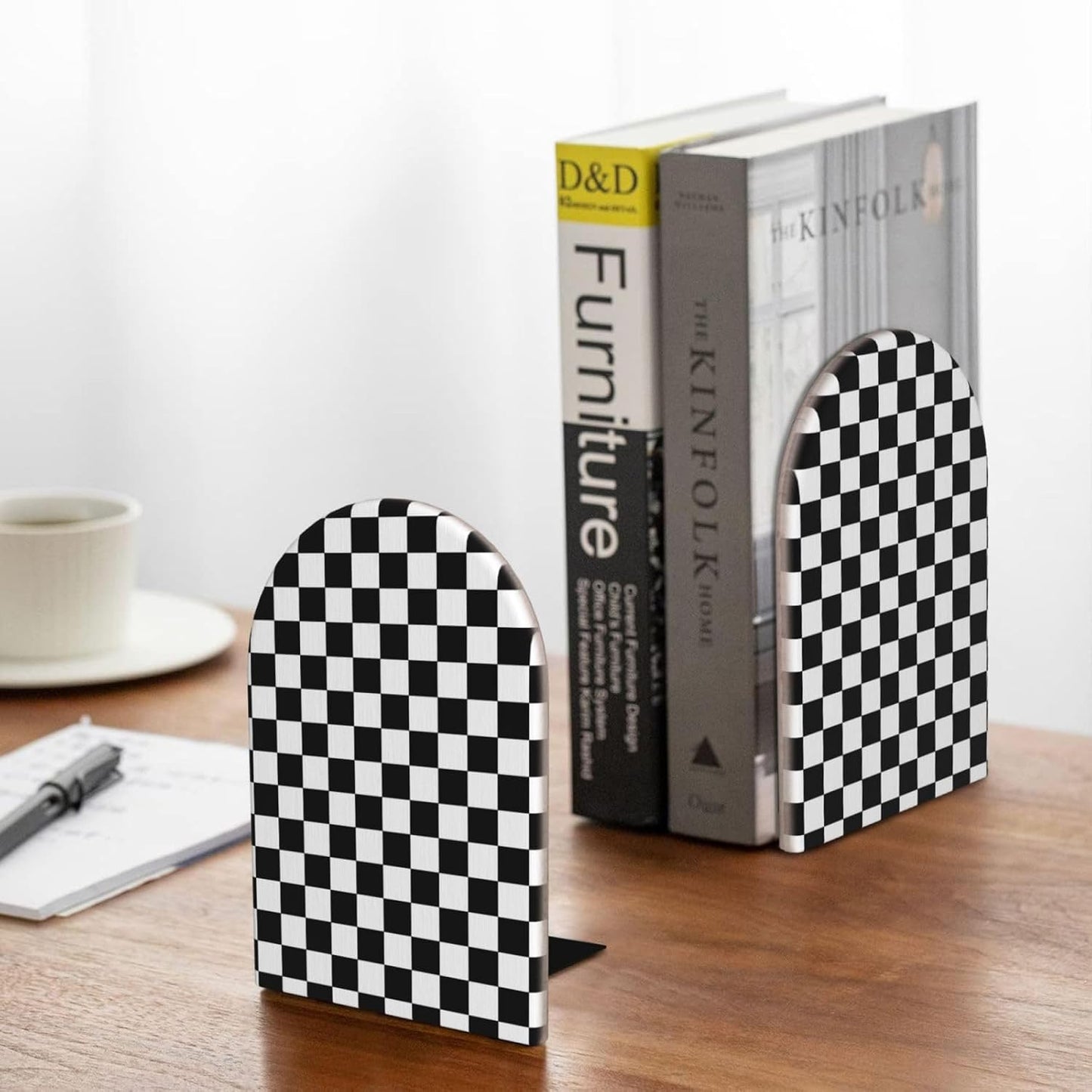 Wood Decorative Bookends / Black Checkered / Standard Size / 6.7 x 4.2 / Set of 2
