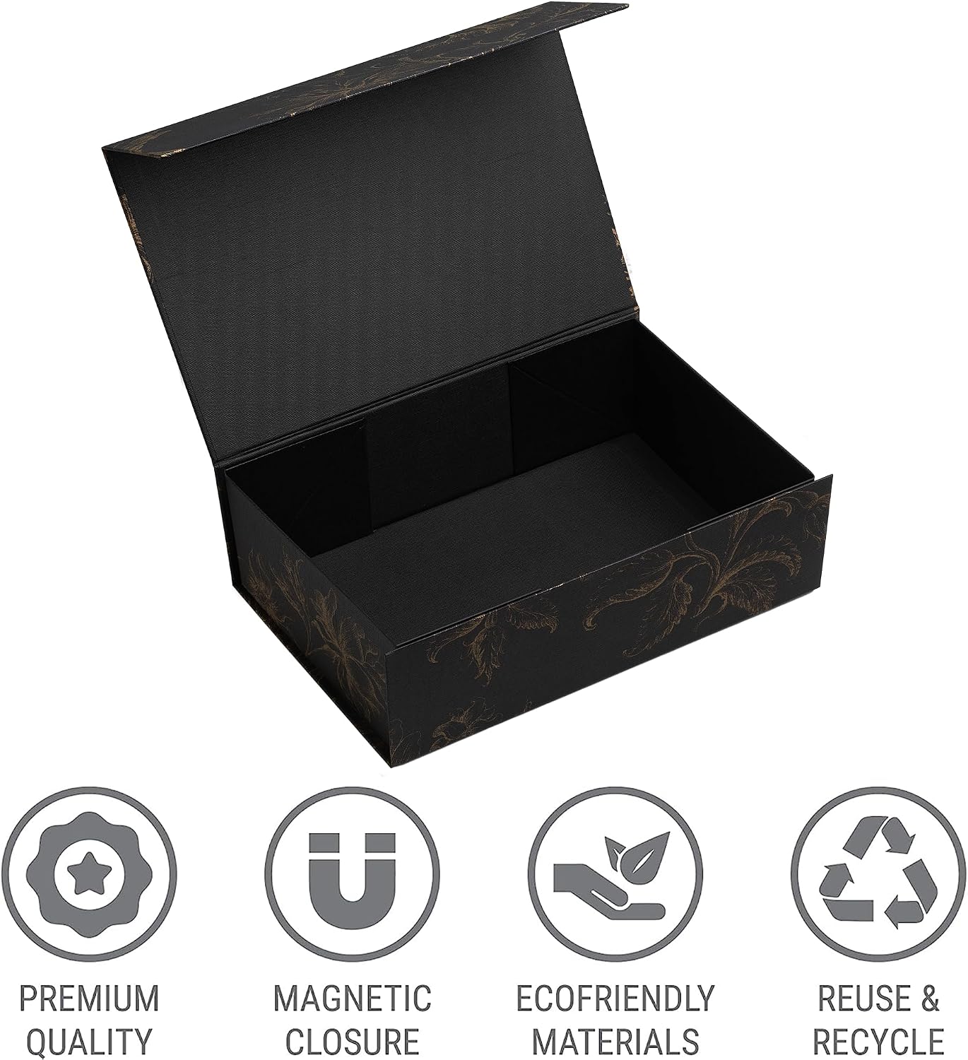 Gold Floral Decorative Boxes / 11.5 x 7.5 x 3.5 / Golden Bouquet / Black / Set of 3