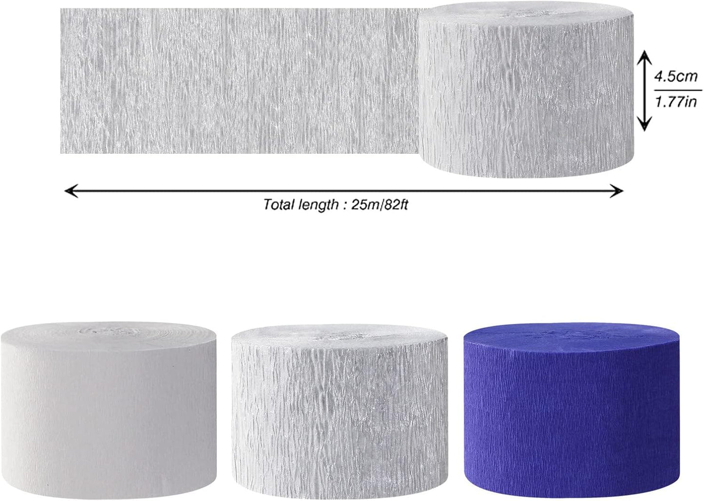 Navy-Blue White- Silver Crepe Paper Streamers / Navy Blue White Silver
