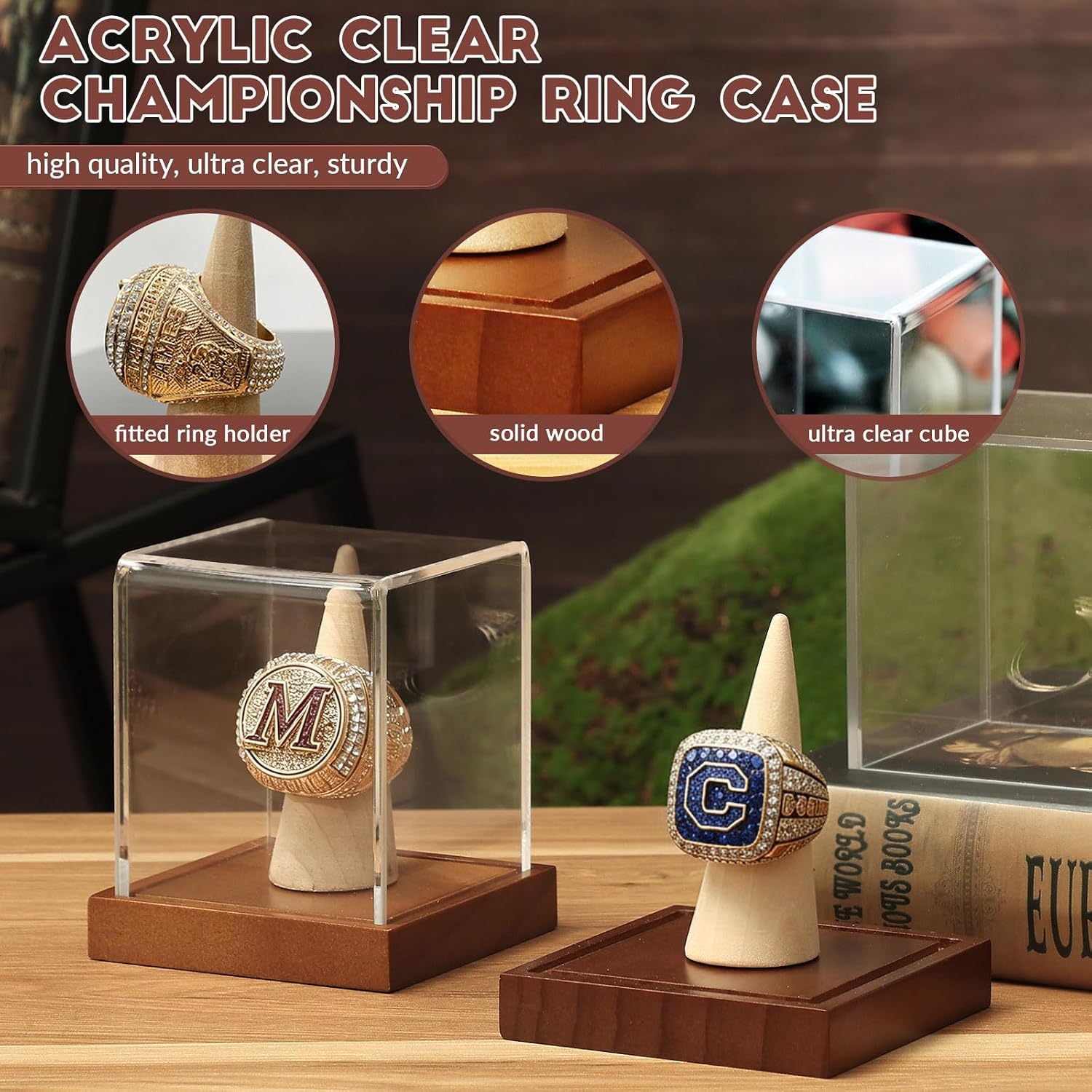 Championship Ring Display Case 2 Pack, Clear Acrylic Single Ring Holder with Wood Stand Base for Sports Basketball