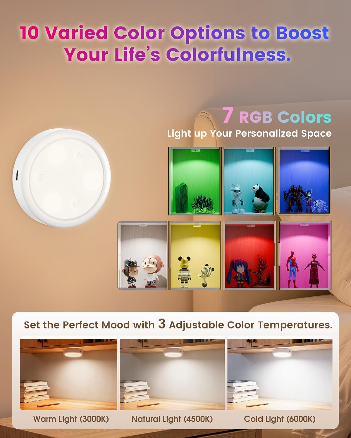 HOLKPOILOT Puck Lights with Remote, 2000mAh Battery Operated Rechargeable Under Cabinet Lighting, 3 Color Temps & 7 RGB
