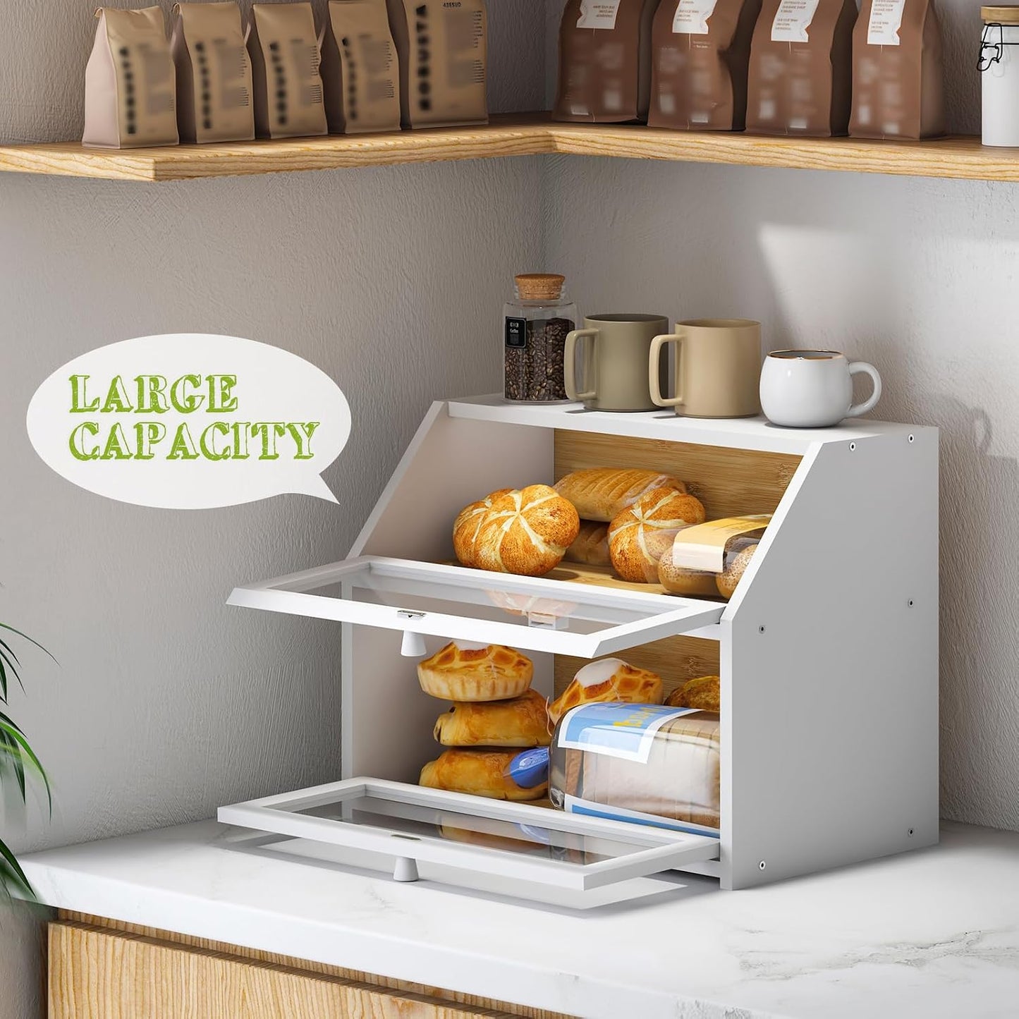 BMOSU Farmhouse Bread Box for Kitchen Countertop Bread box Double Layer Bamboo Wooden Extra Large Capacity Bin Kitchen