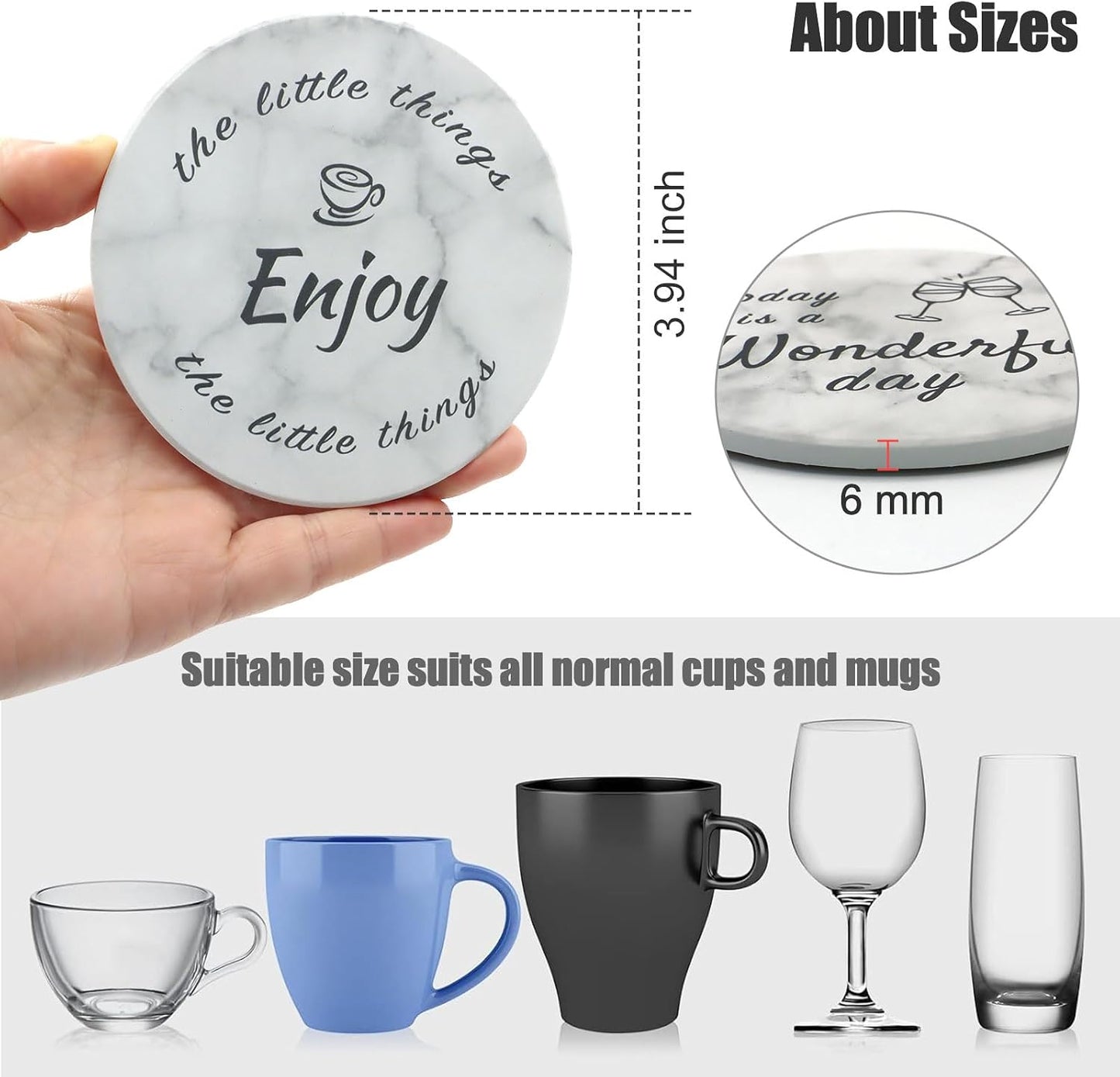 Holder / Round Marble Style Absorbent Farmhouse Coaster / Set of 8