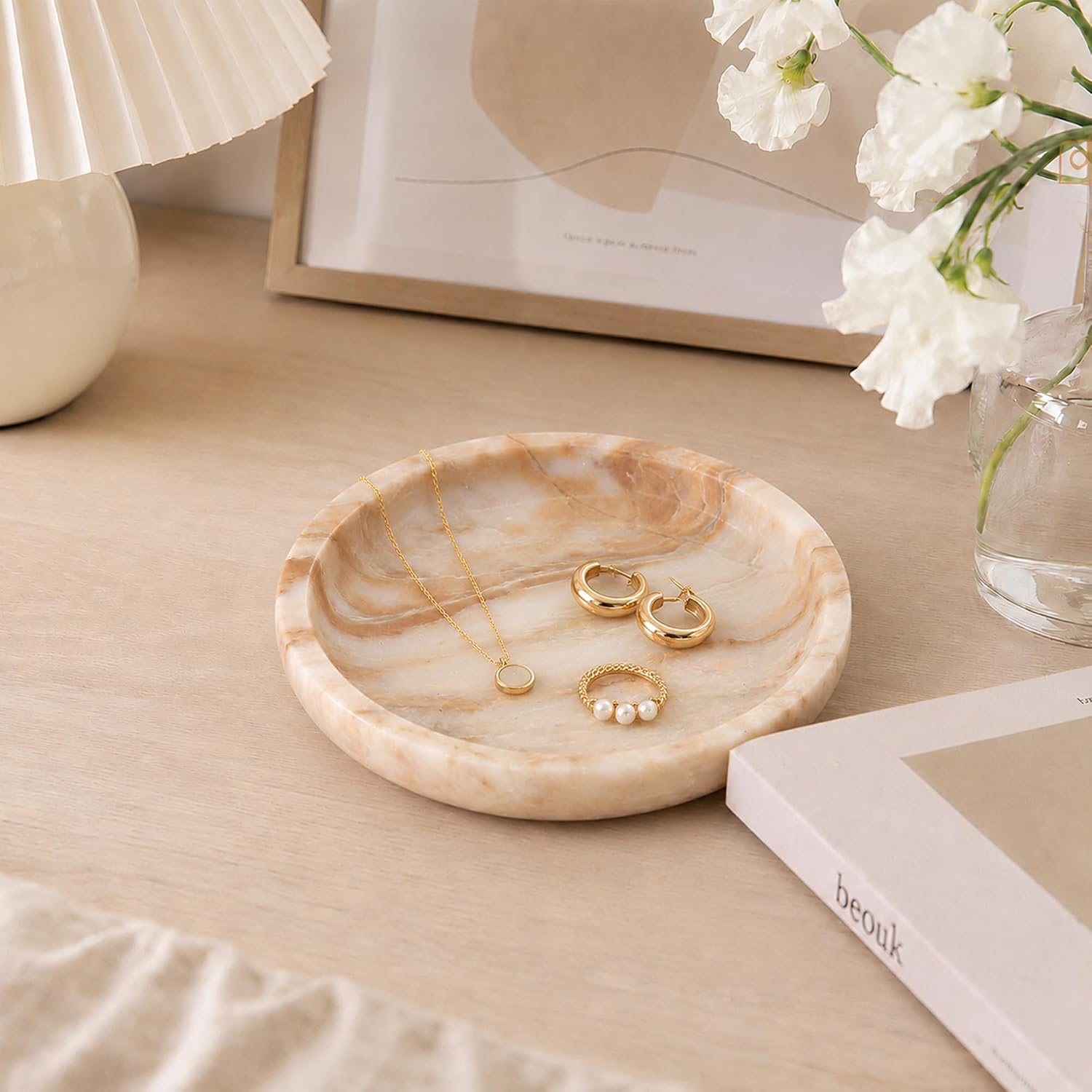 Small Marble Jewelry Tray Key Plate Holder Dish Trinket Decor Catch All / Calacatta Glod / Natural
