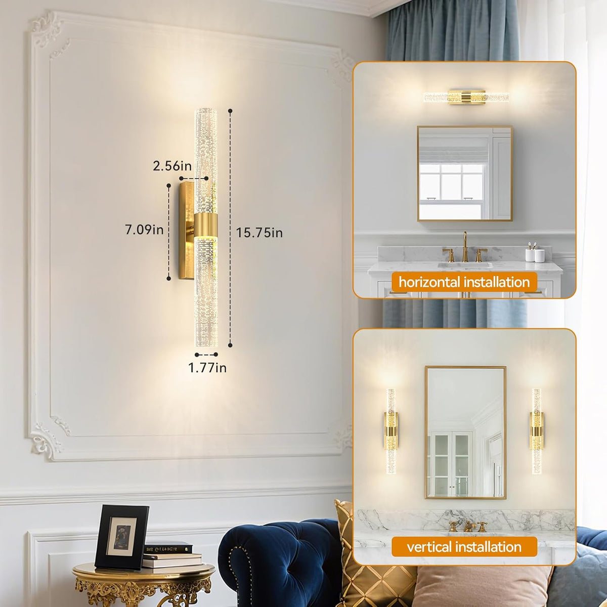 Battery Operated Wall Sconces Set of 2, 10000mAh Gold Rechargeable Wall Lights with Remote, Dimmable Wireless Wall Lamp