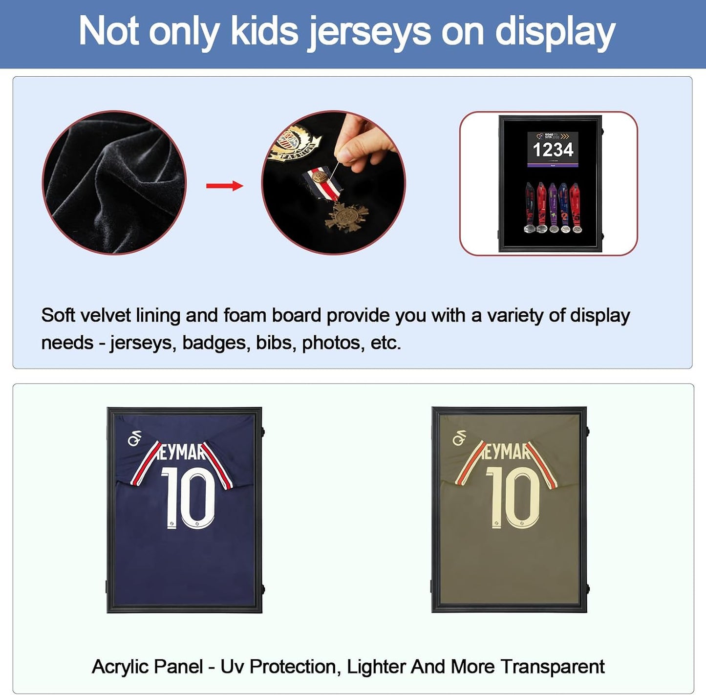 IHEIPYE Kids Jersey Frame Display Case Sport Small Jersey Shadow Box Black | Lockable, Black Lock, UV Protection
